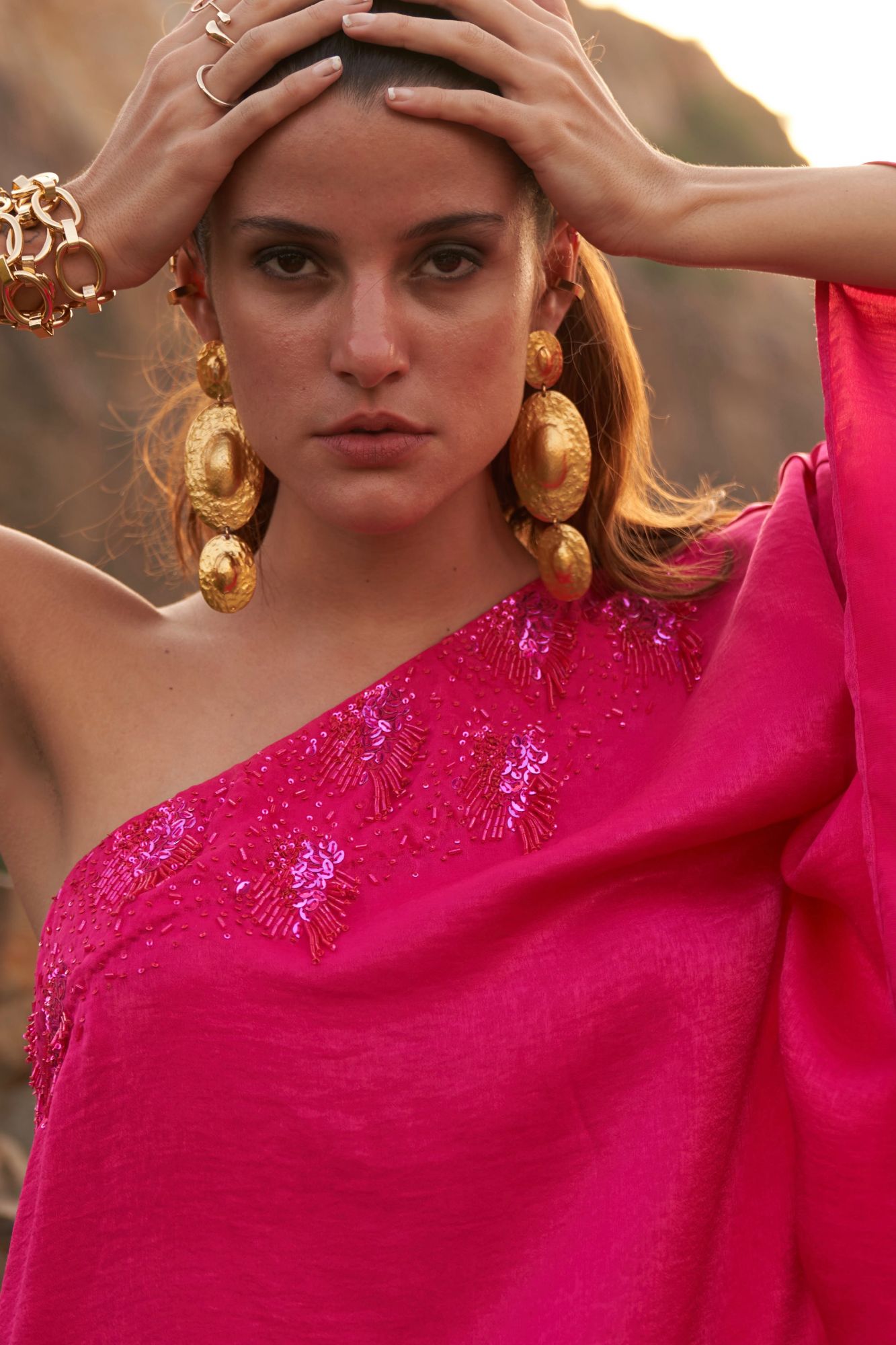 DESERT ROSE FUSCHIA PINK KAFTAN ONE SIDED SHOULDER KNEE LENGTH DRESS WITH SEQUIN BEAD HAND WORK