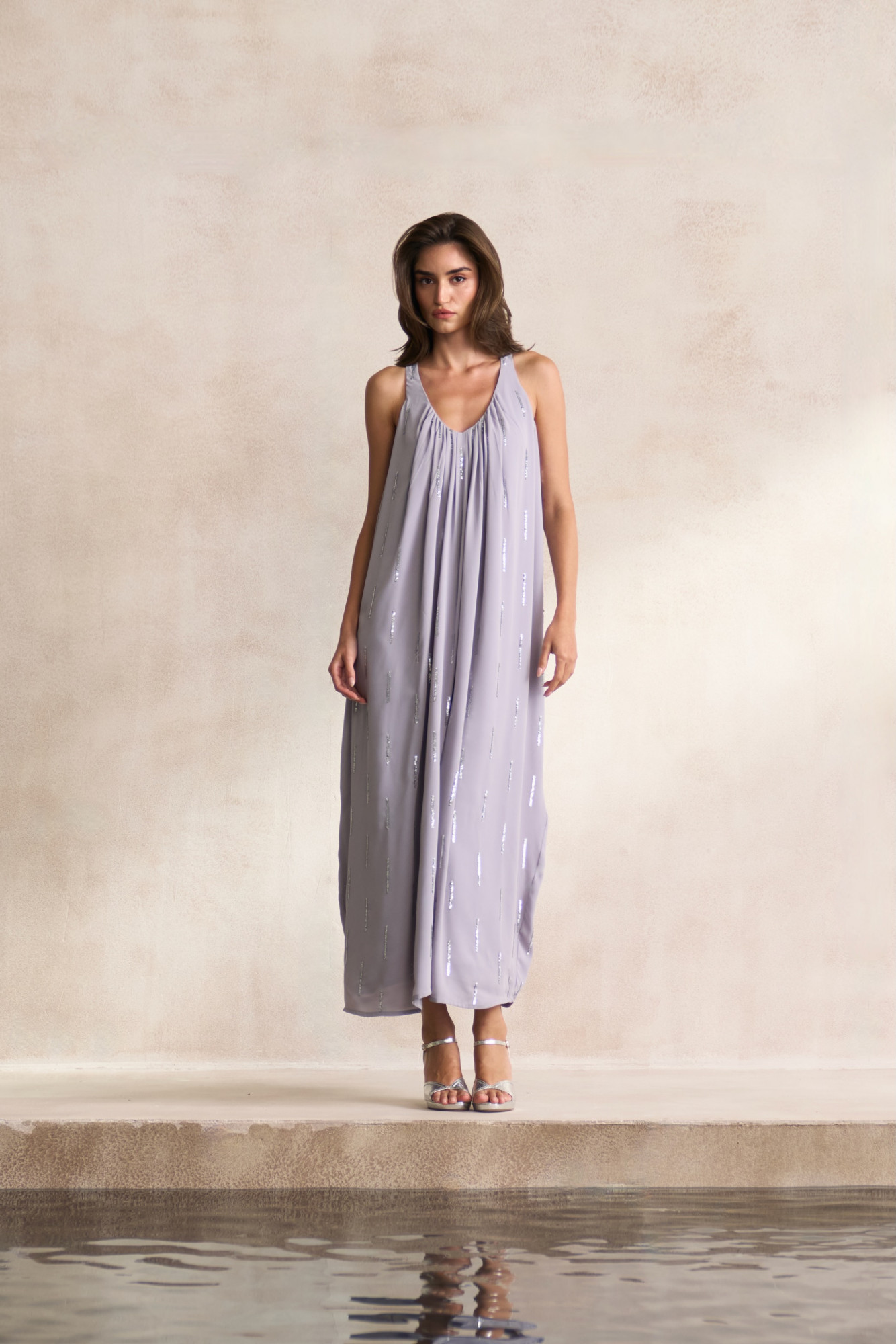 LEILA 03 LIGHT GREY FLOWY GEORGETTE LONG LENGTH DRESS WITH SILVER SEQUIN HAND EMBROIDERY