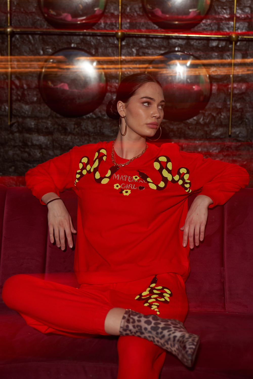 MATERIAL GIRL RED FLEECE SWEATSHIRT JOGGER PANTS WINTER CO-ORD WITH EXCLUSIVE PYTHON HAND EMBROIDERY