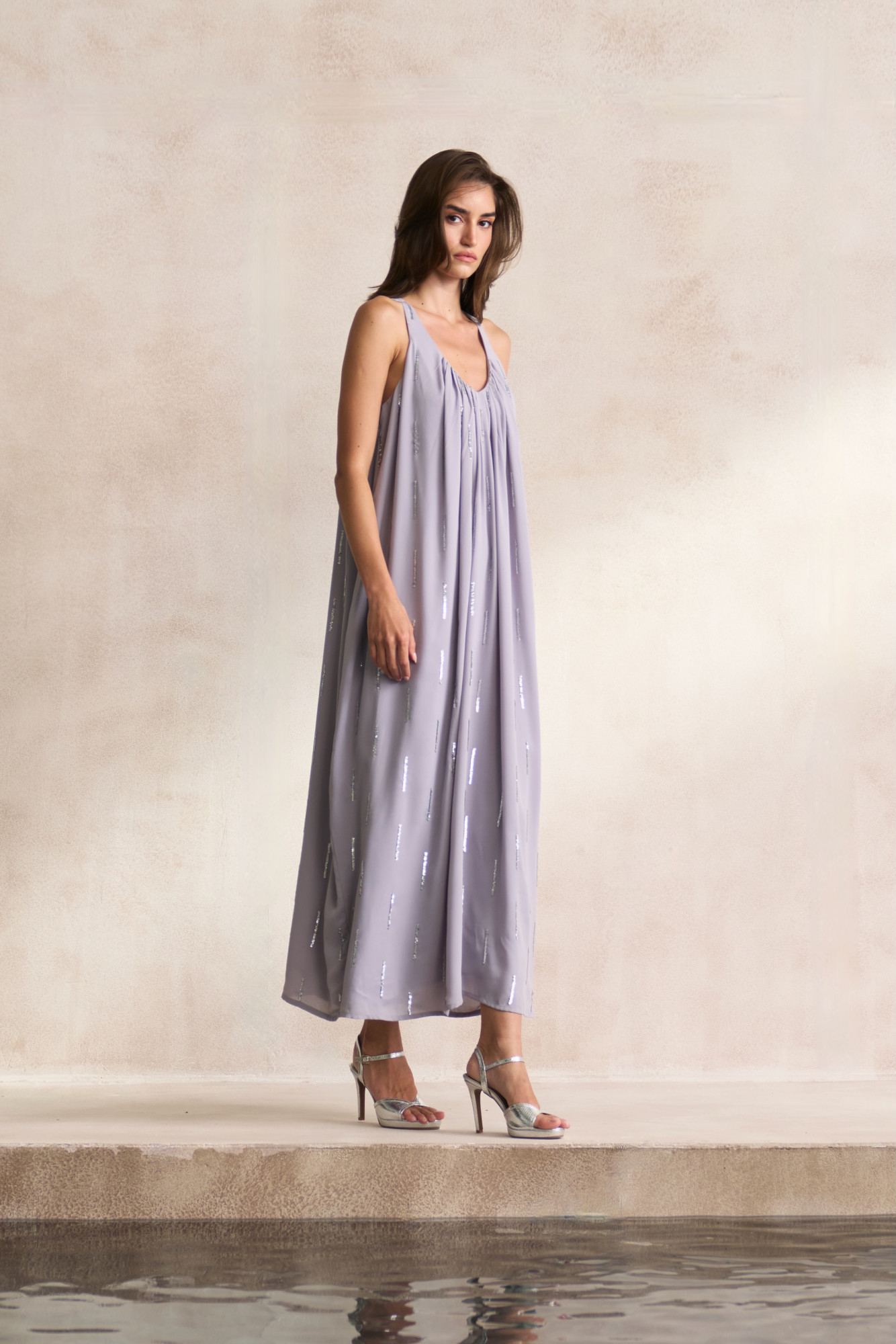 LEILA 03 LIGHT GREY FLOWY GEORGETTE LONG LENGTH DRESS WITH SILVER SEQUIN HAND EMBROIDERY