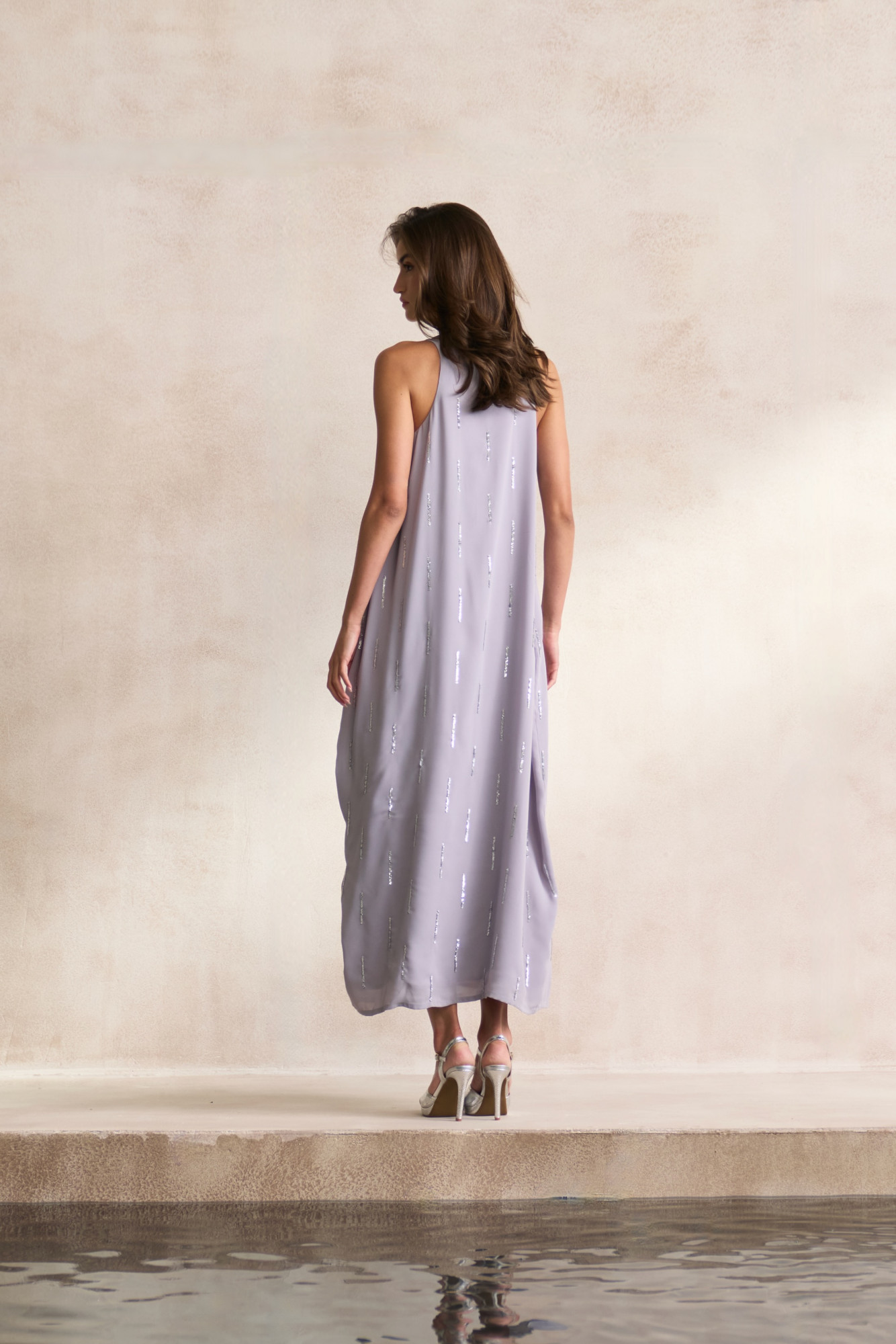 LEILA 03 LIGHT GREY FLOWY GEORGETTE LONG LENGTH DRESS WITH SILVER SEQUIN HAND EMBROIDERY