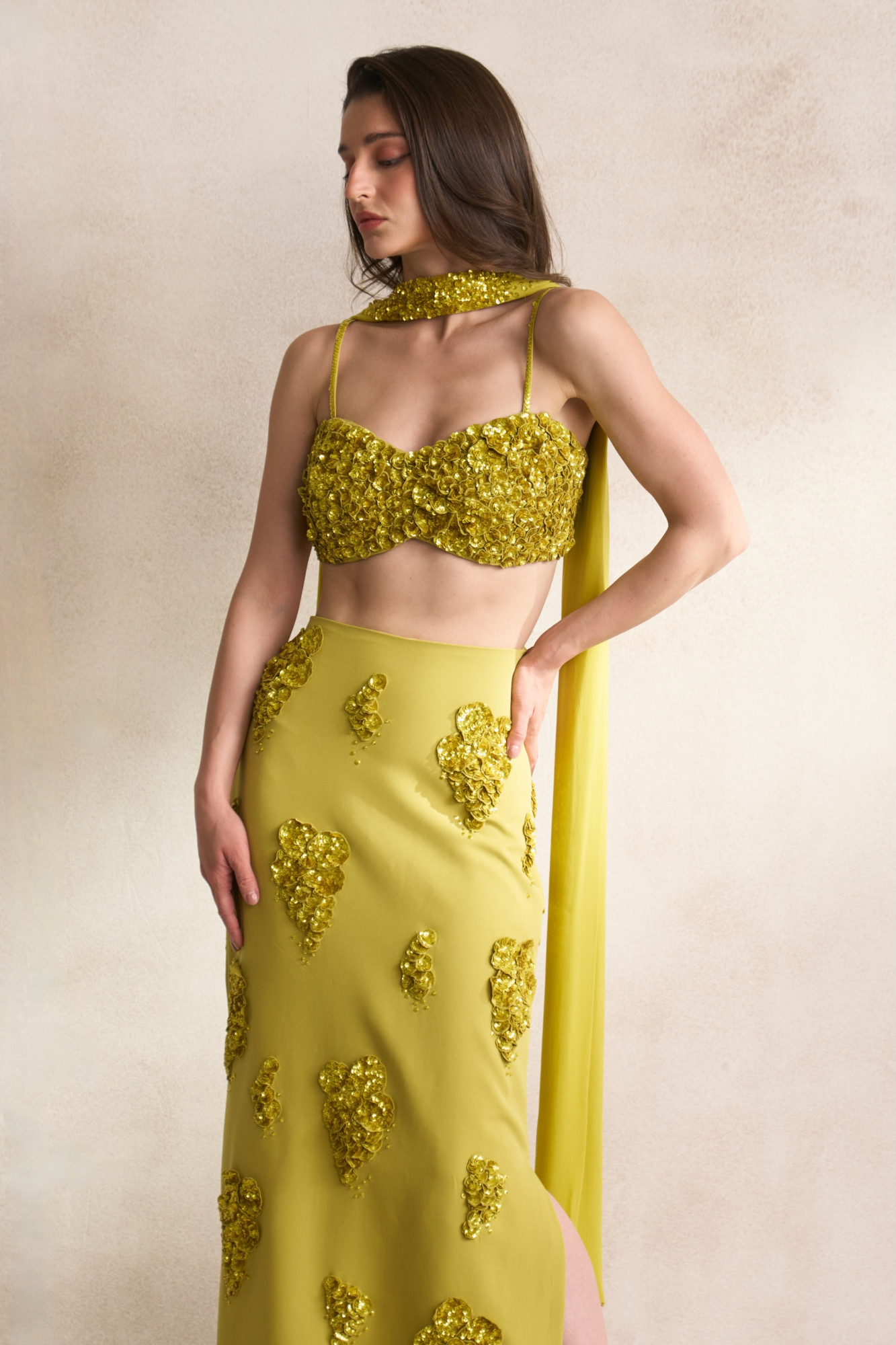 LEILA 03 YELLOW FULLY SEQUINED BUSTIER WITH SKIRT AND DUPATTA