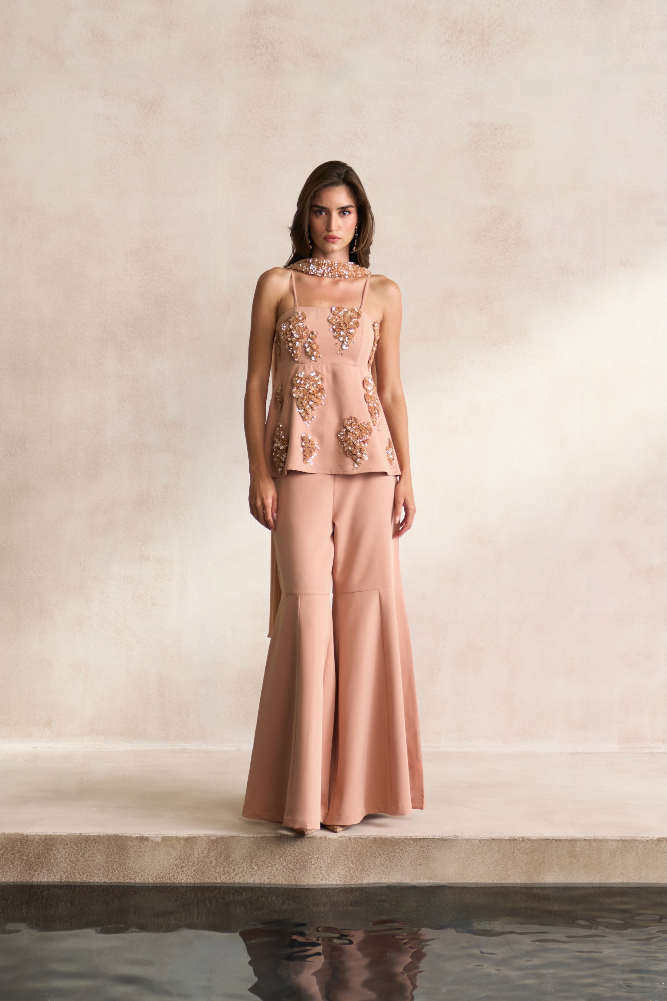 LEILA 03 PEACH COLOUR CORSET WITH SEQUIN 3D FLOWER EMBROIDERY AND FLARED PANTS