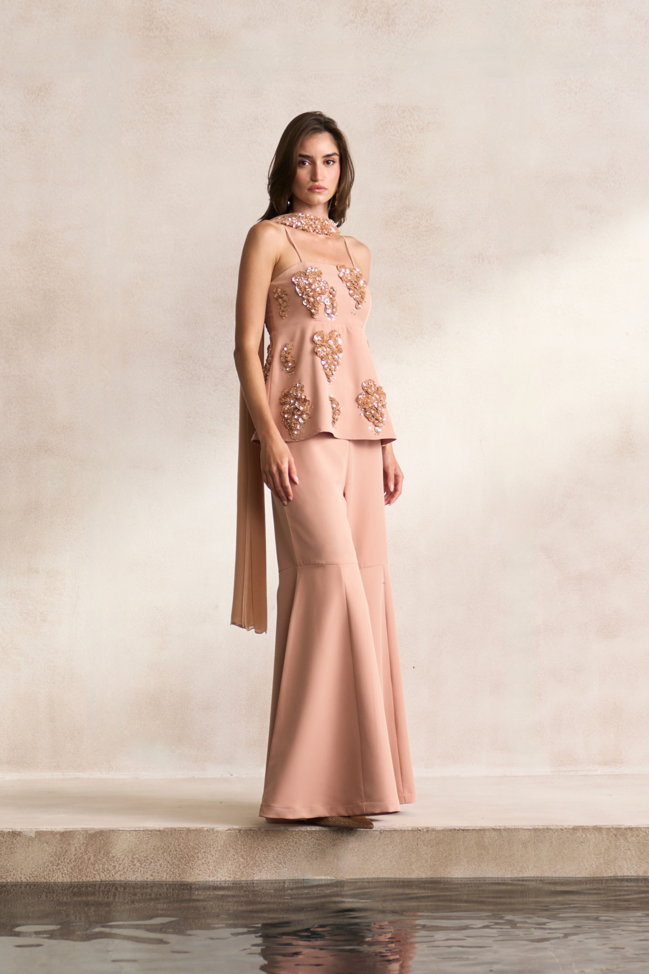 LEILA 03 PEACH COLOUR CORSET WITH SEQUIN 3D FLOWER EMBROIDERY AND FLARED PANTS