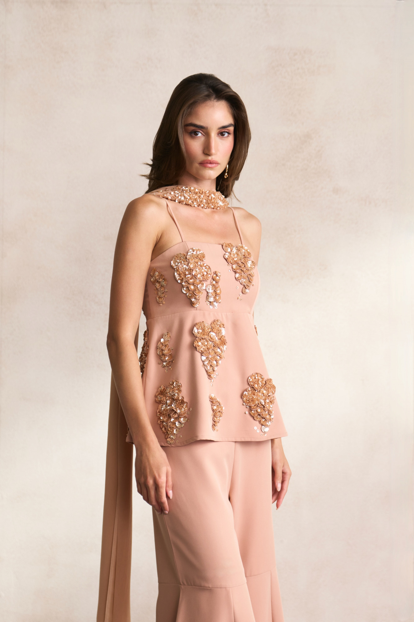 LEILA 03 PEACH COLOUR CORSET WITH SEQUIN 3D FLOWER EMBROIDERY AND FLARED PANTS