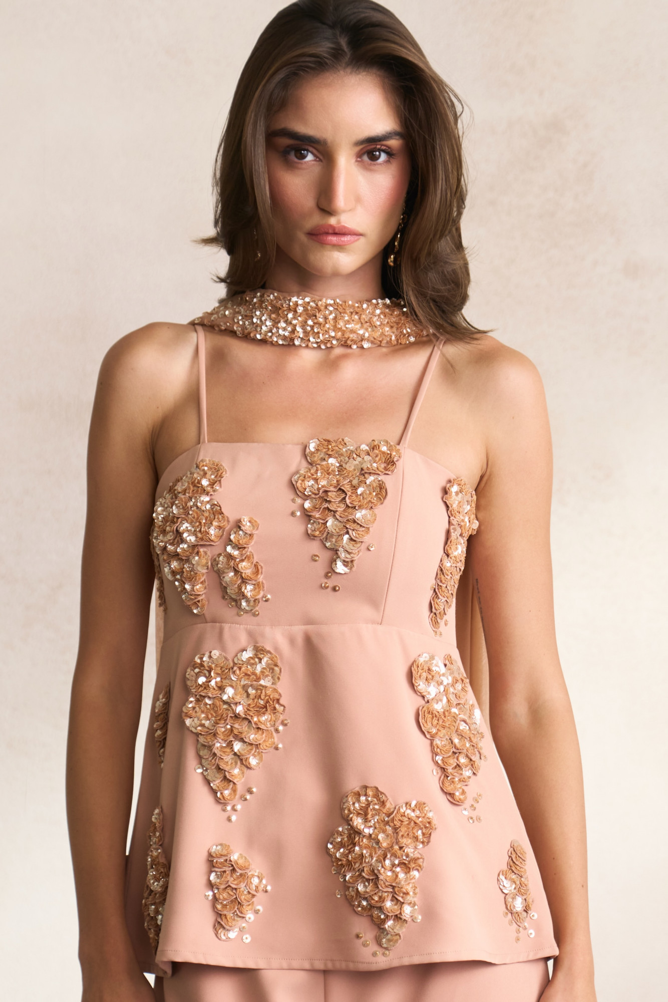 LEILA 03 PEACH COLOUR CORSET WITH SEQUIN 3D FLOWER EMBROIDERY AND FLARED PANTS