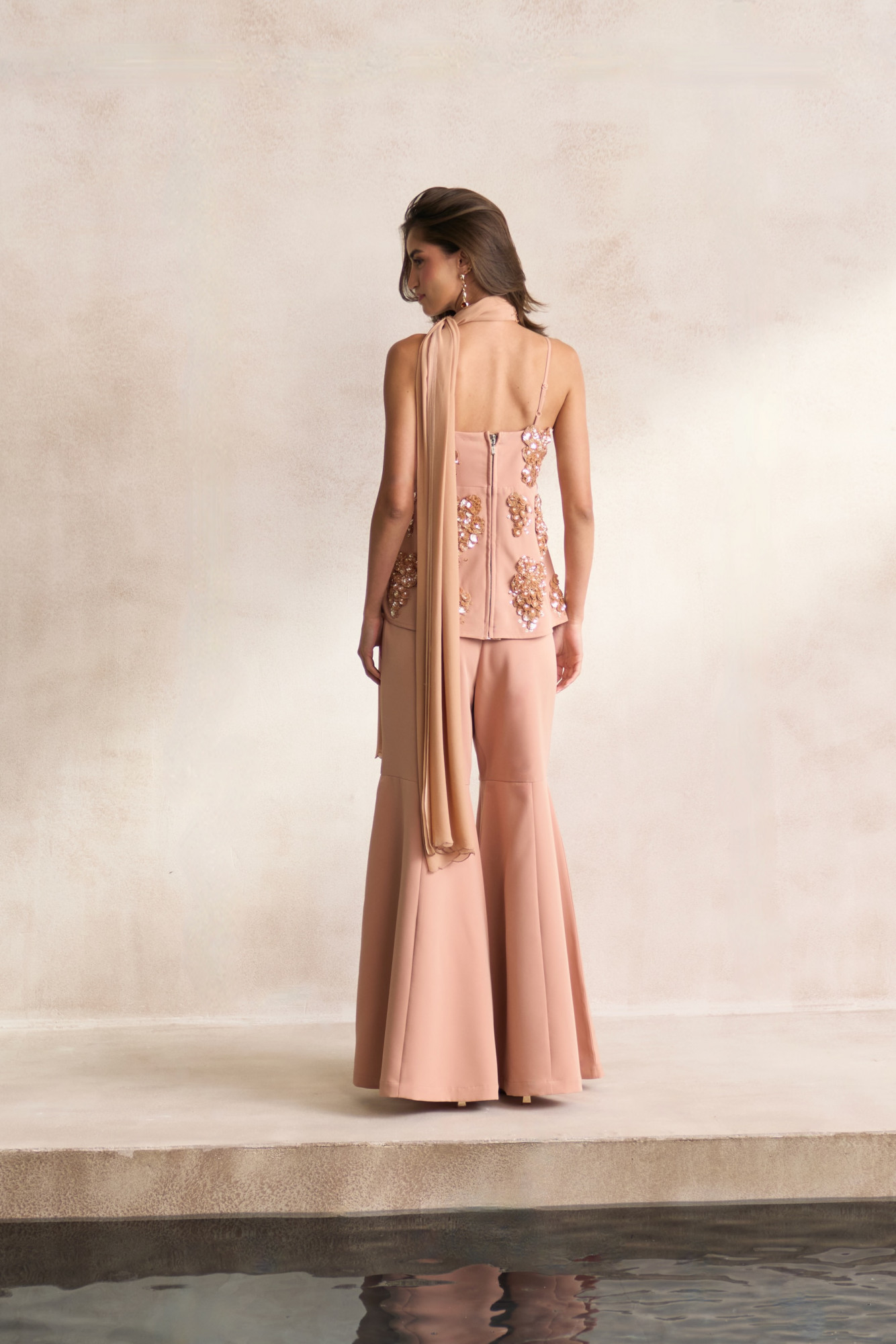 LEILA 03 PEACH COLOUR CORSET WITH SEQUIN 3D FLOWER EMBROIDERY AND FLARED PANTS