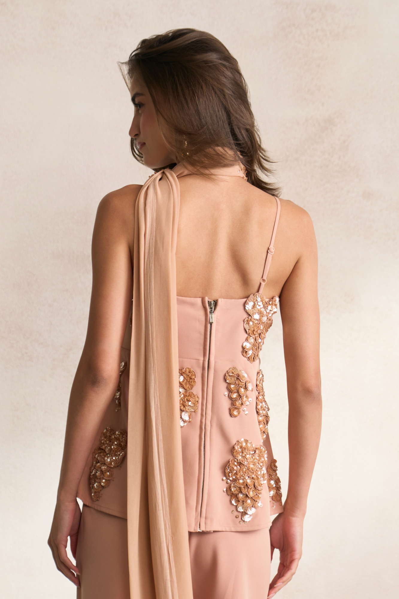 LEILA 03 PEACH COLOUR CORSET WITH SEQUIN 3D FLOWER EMBROIDERY AND FLARED PANTS