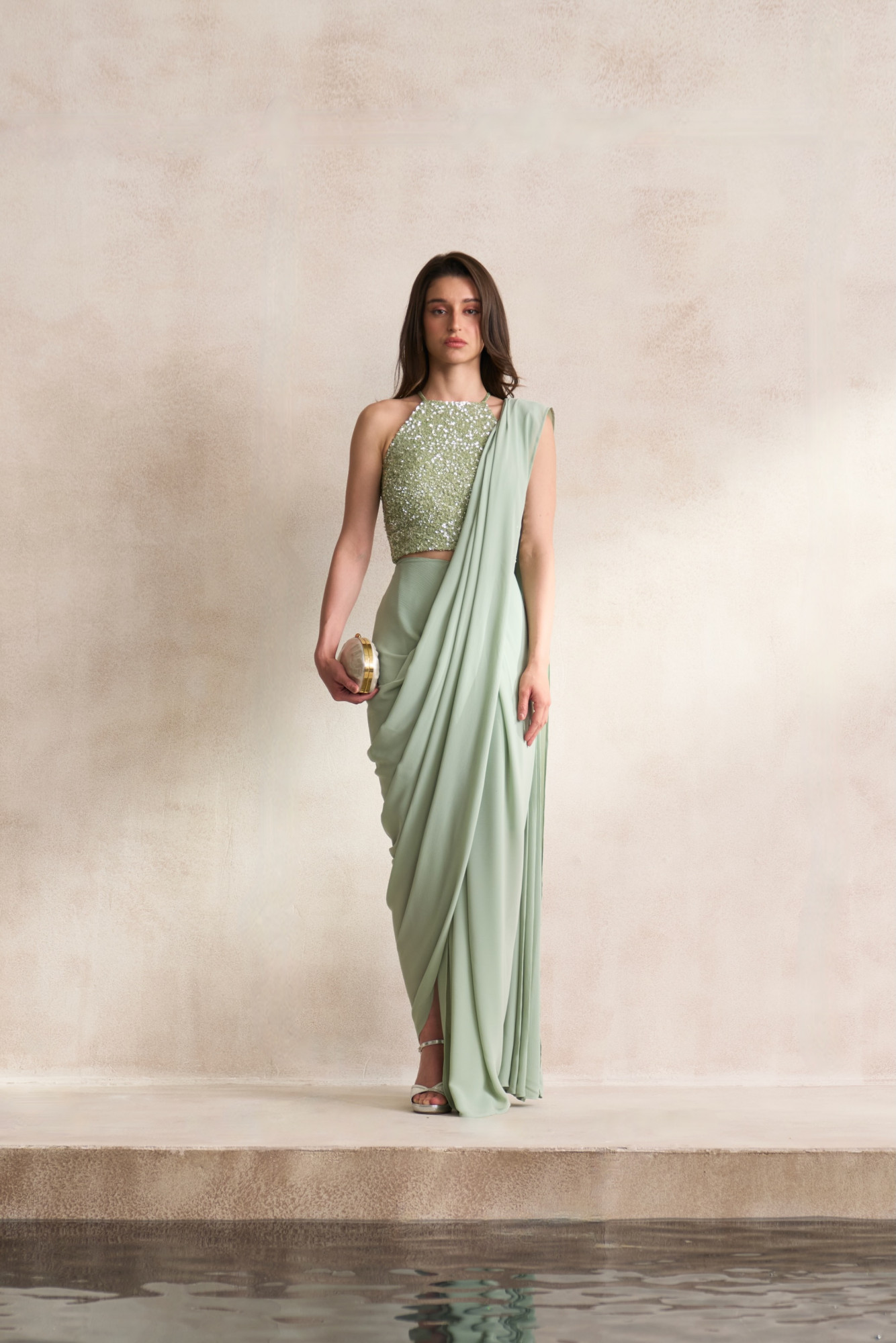 LEILA 03 LIGHT MINT GREEN COLOUR FULLY COVERED SEQUIN BLOUSE WITH DRAPED ZIP SARI