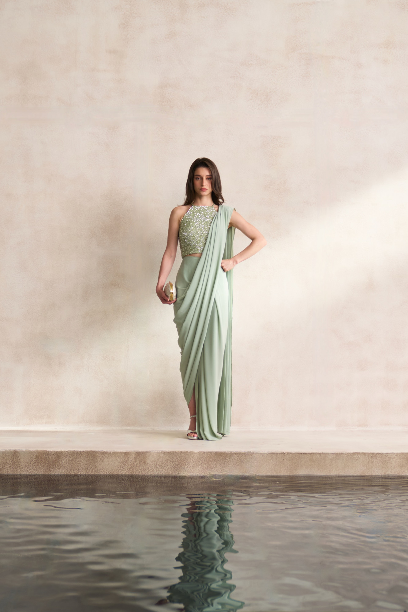 LEILA 03 LIGHT MINT GREEN COLOUR FULLY COVERED SEQUIN BLOUSE WITH DRAPED ZIP SARI