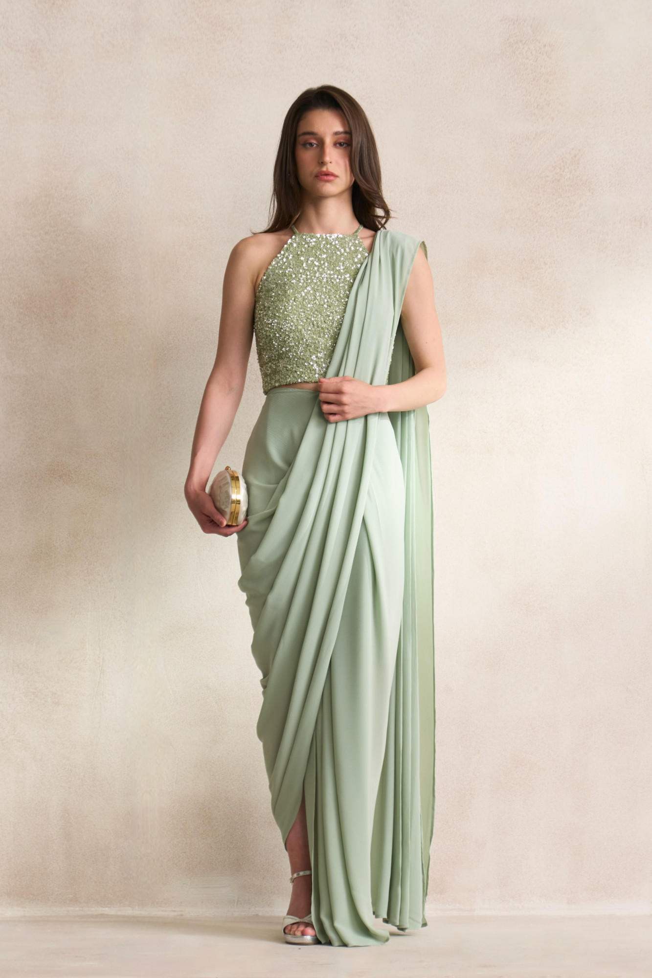LEILA 03 LIGHT MINT GREEN COLOUR FULLY COVERED SEQUIN BLOUSE WITH DRAPED ZIP SARI
