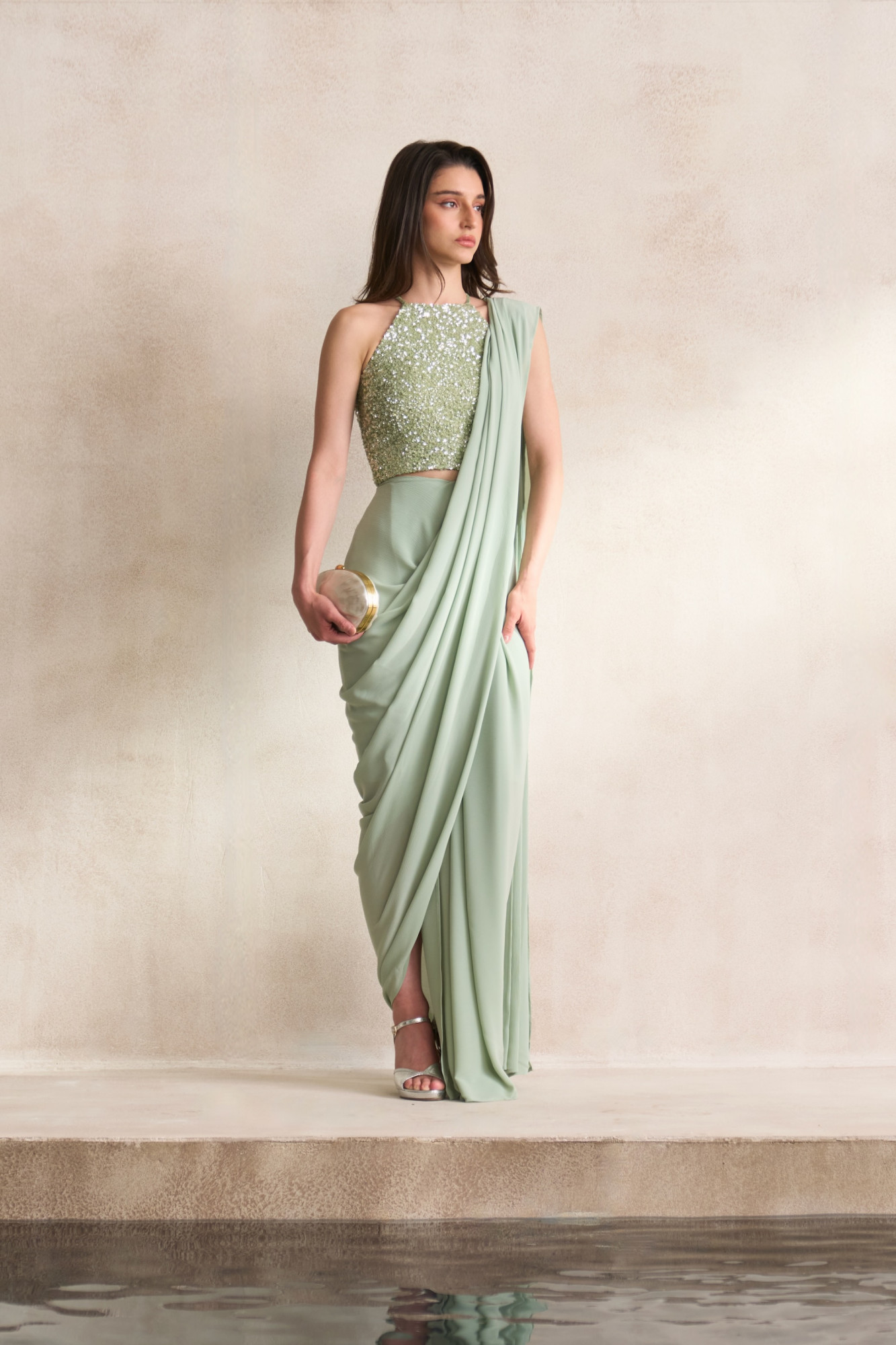 LEILA 03 LIGHT MINT GREEN COLOUR FULLY COVERED SEQUIN BLOUSE WITH DRAPED ZIP SARI