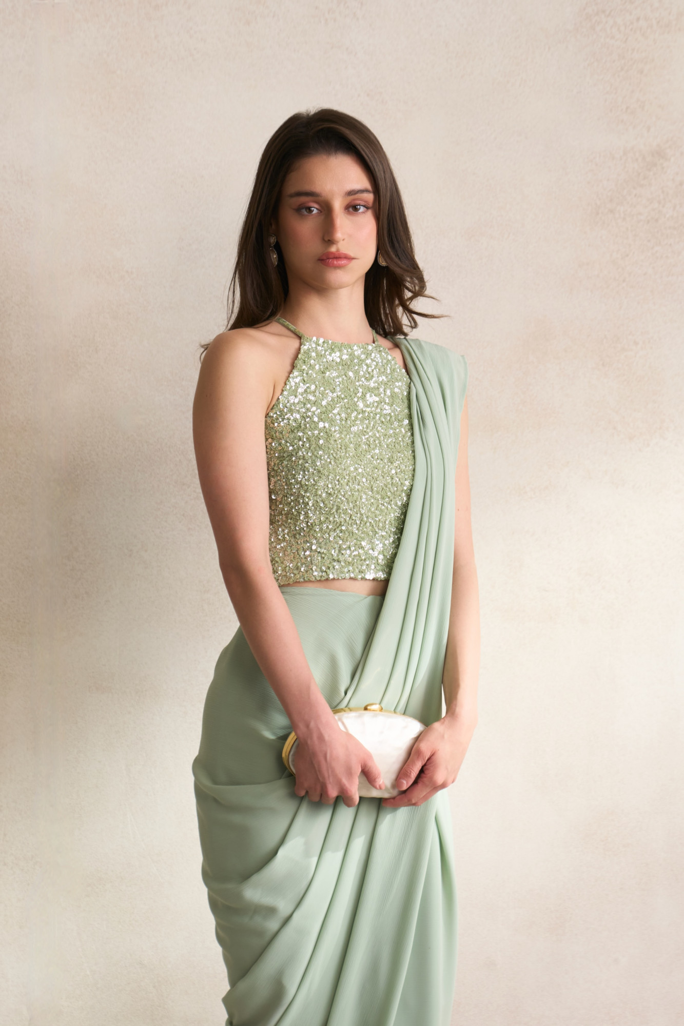 LEILA 03 LIGHT MINT GREEN COLOUR FULLY COVERED SEQUIN BLOUSE WITH DRAPED ZIP SARI