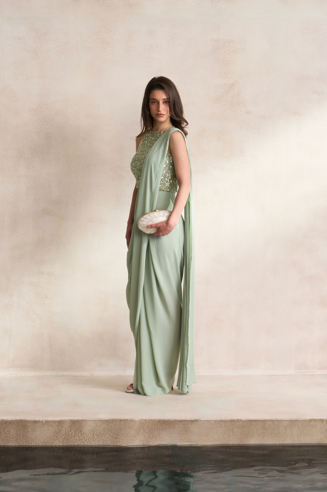 LEILA 03 LIGHT MINT GREEN COLOUR FULLY COVERED SEQUIN BLOUSE WITH DRAPED ZIP SARI