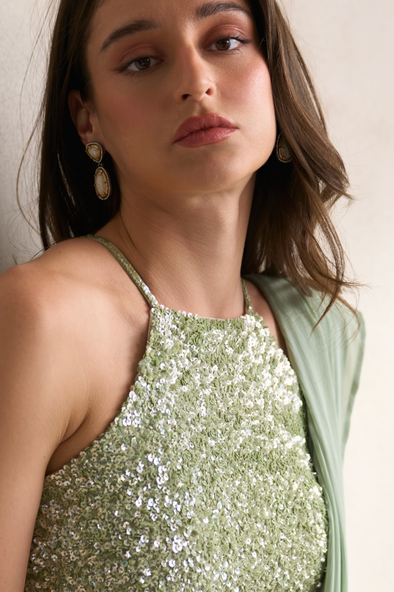 LEILA 03 LIGHT MINT GREEN COLOUR FULLY COVERED SEQUIN BLOUSE WITH DRAPED ZIP SARI