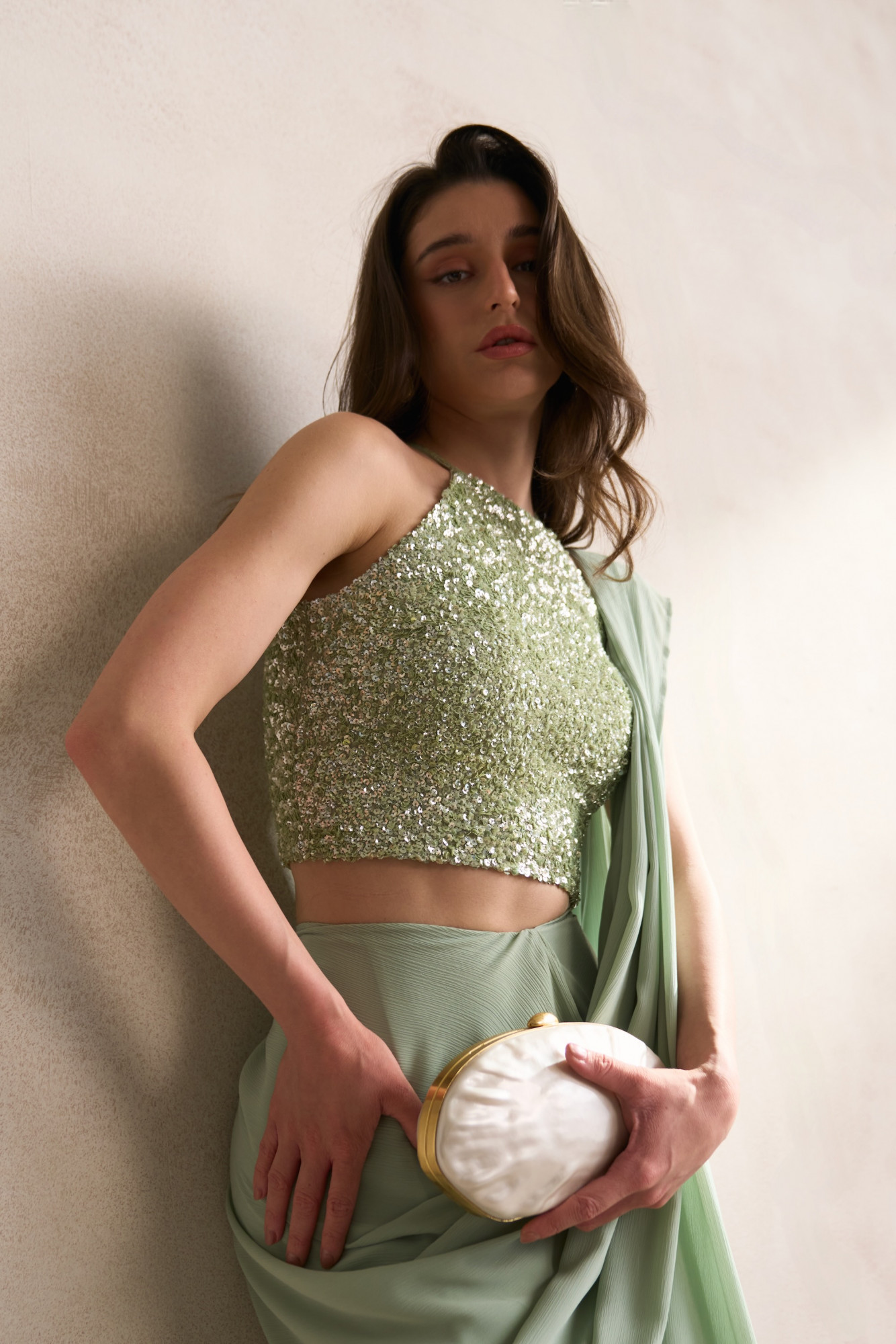 LEILA 03 LIGHT MINT GREEN COLOUR FULLY COVERED SEQUIN BLOUSE WITH DRAPED ZIP SARI