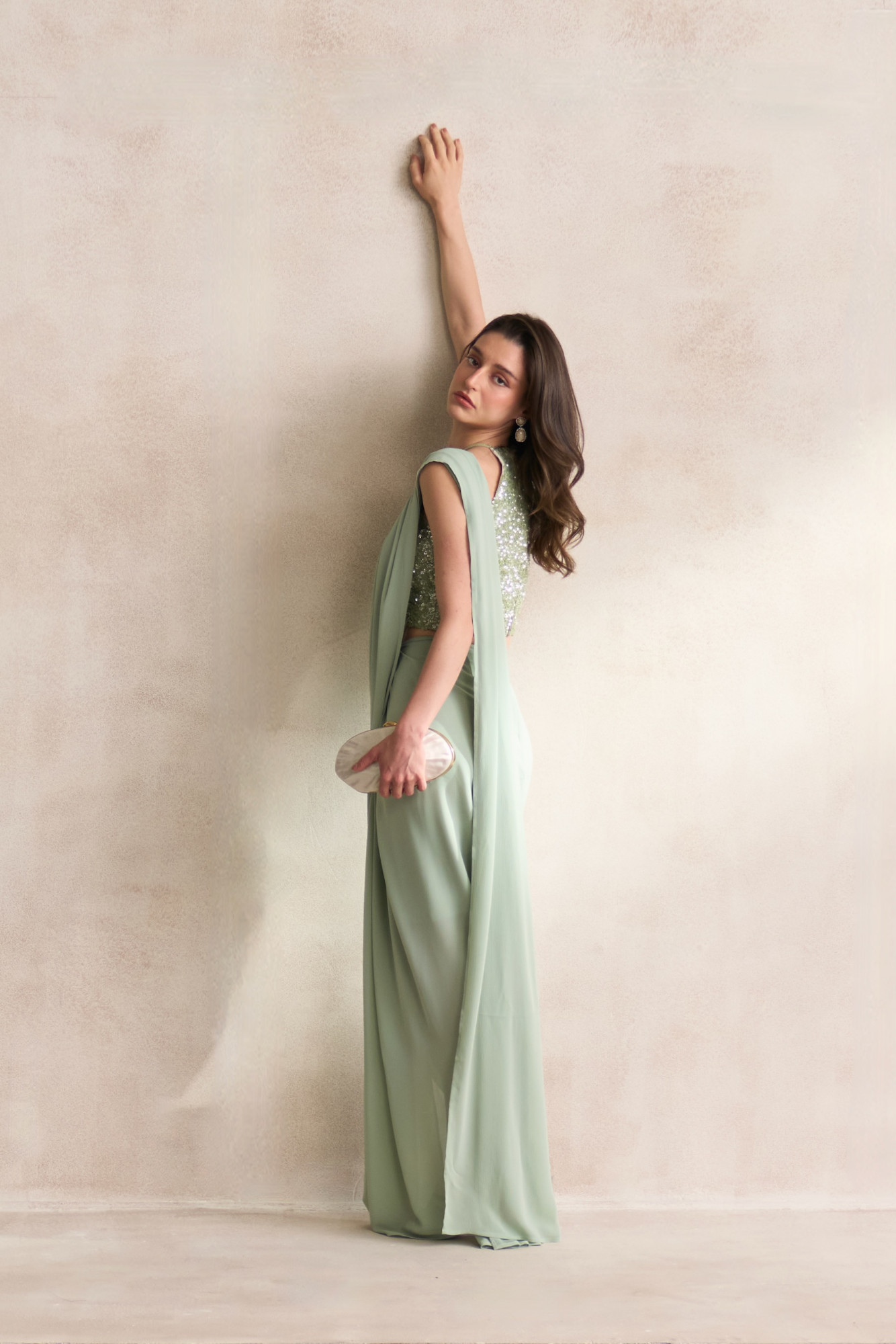 LEILA 03 LIGHT MINT GREEN COLOUR FULLY COVERED SEQUIN BLOUSE WITH DRAPED ZIP SARI