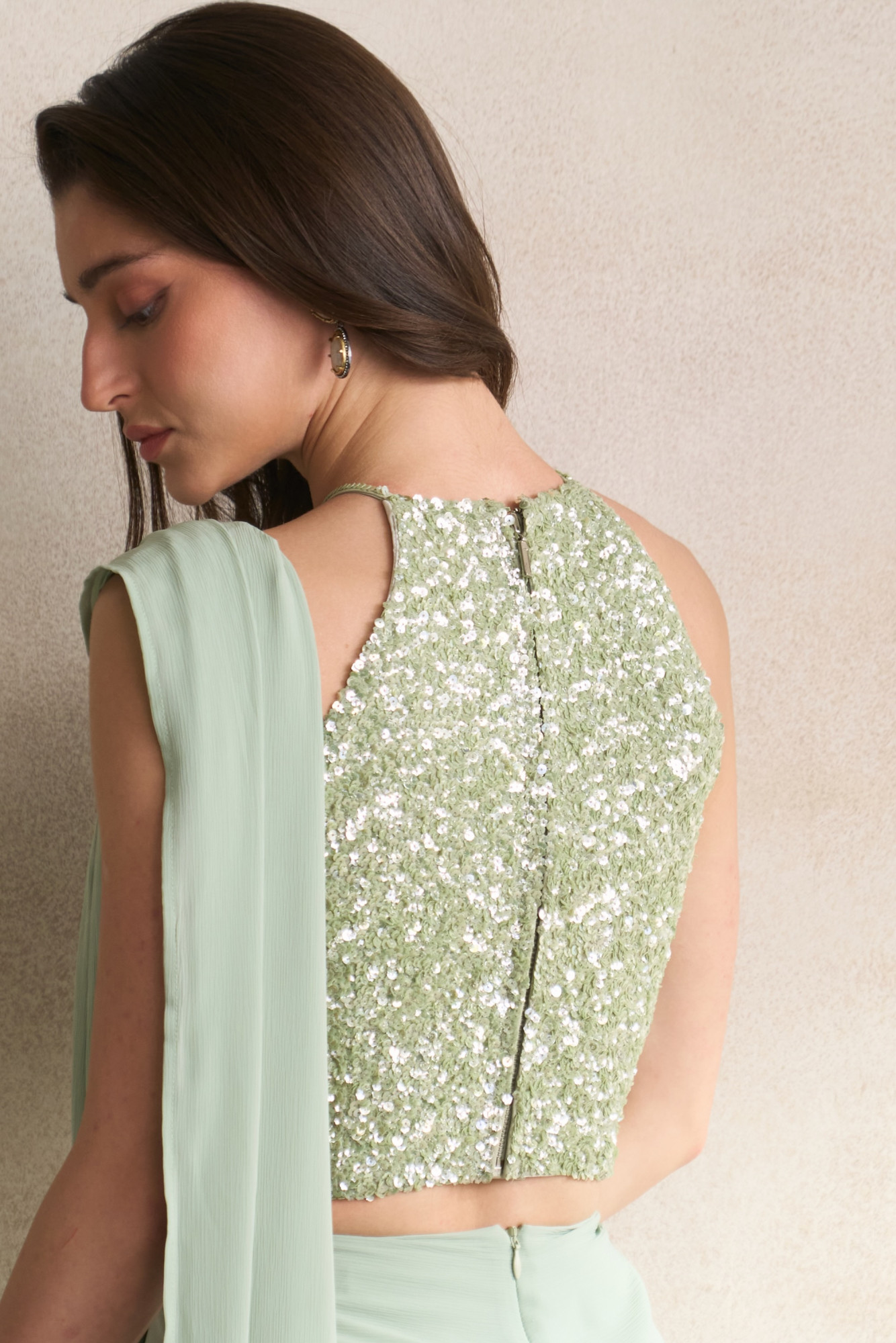 LEILA 03 LIGHT MINT GREEN COLOUR FULLY COVERED SEQUIN BLOUSE WITH DRAPED ZIP SARI