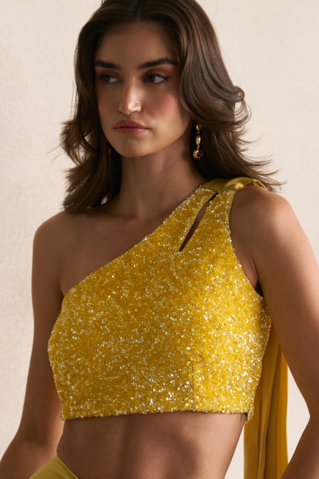 LEILA 03 LIGHT YELLOW FULLY SEQUINED ONE SIDE SHOULDER BLOUSE WITH DRAPED BOTTOM