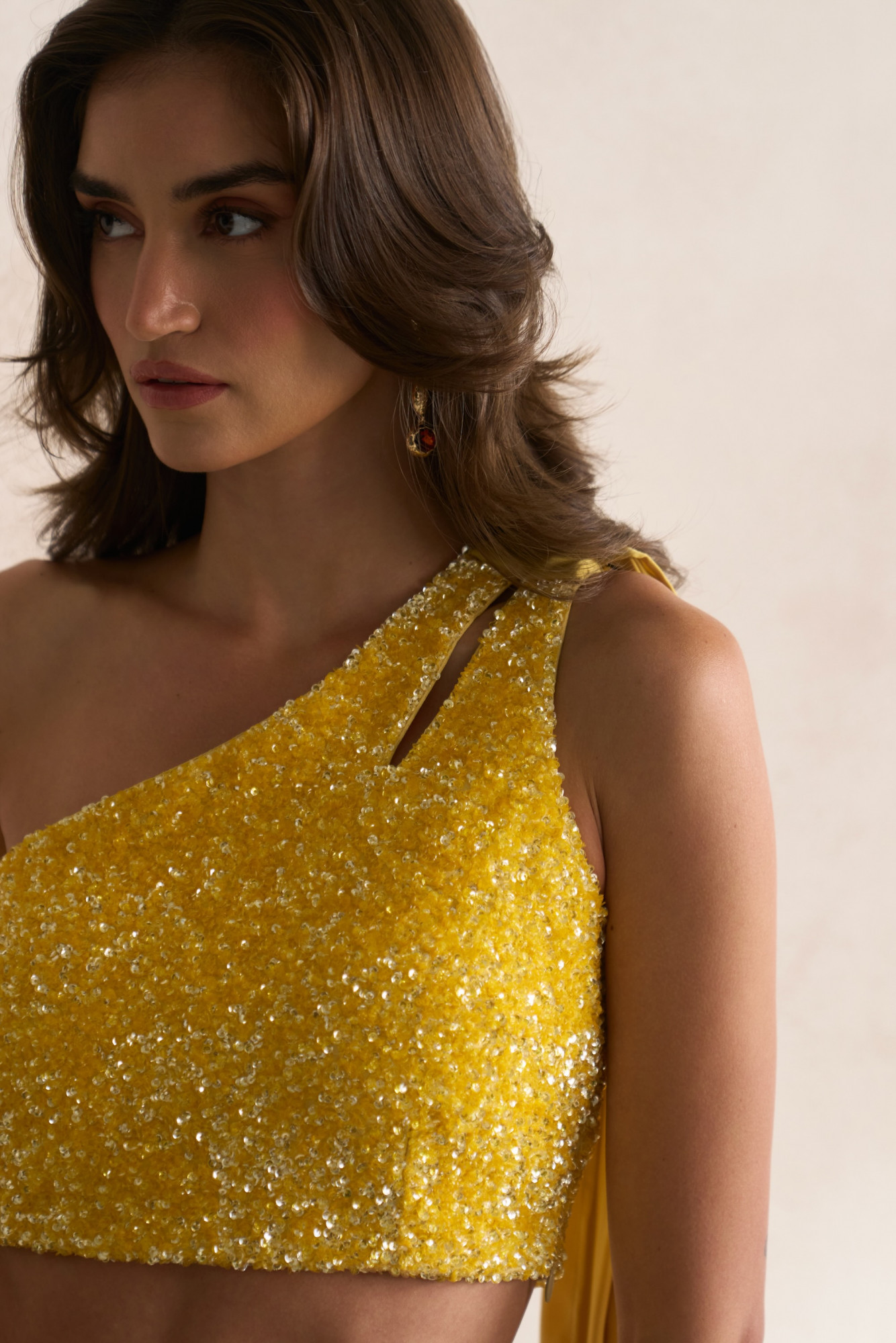 LEILA 03 LIGHT YELLOW FULLY SEQUINED ONE SIDE SHOULDER BLOUSE WITH DRAPED BOTTOM