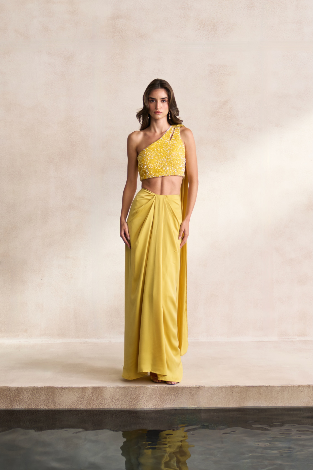 LEILA 03 LIGHT YELLOW FULLY SEQUINED ONE SIDE SHOULDER BLOUSE WITH DRAPED BOTTOM