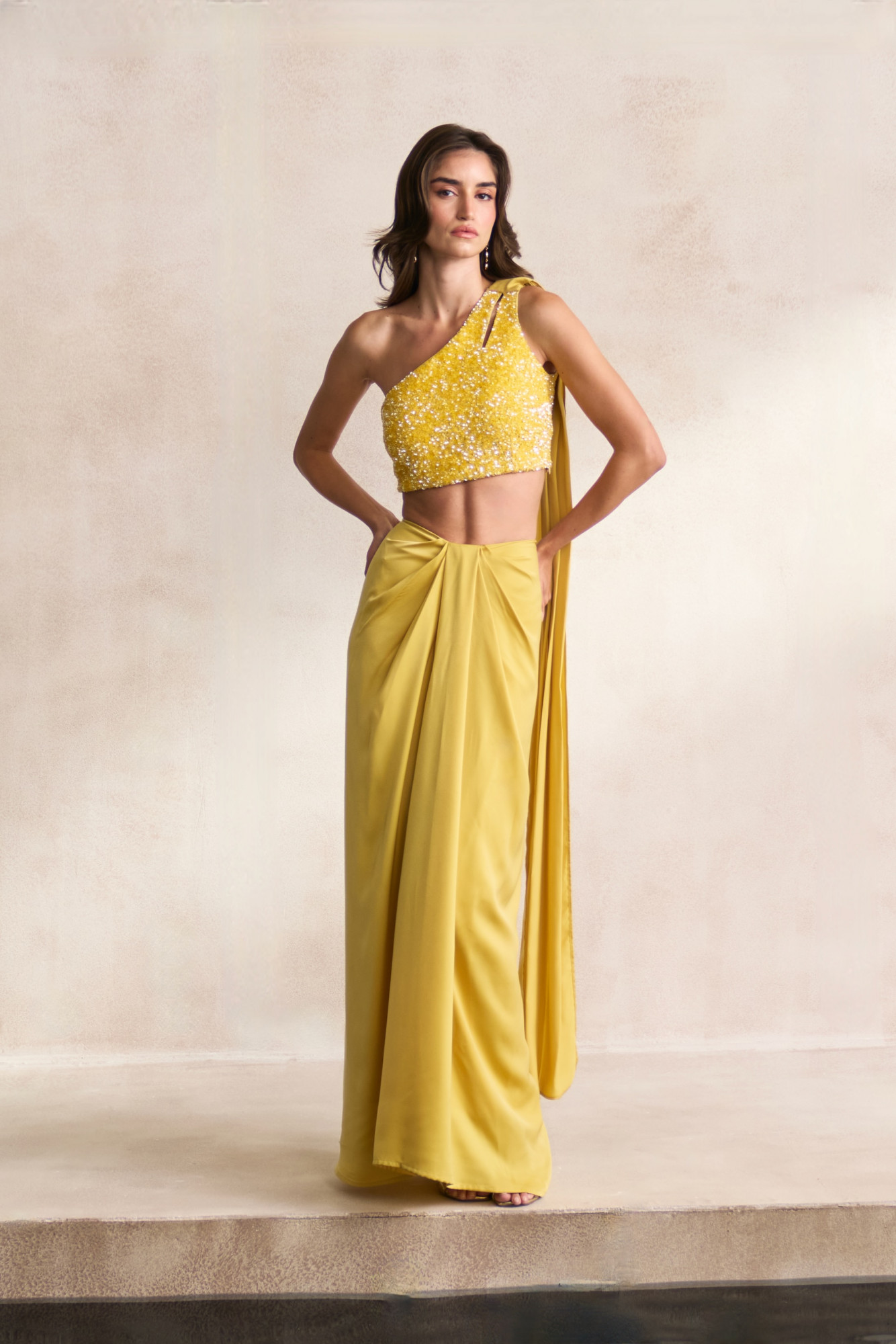 LEILA 03 LIGHT YELLOW FULLY SEQUINED ONE SIDE SHOULDER BLOUSE WITH DRAPED BOTTOM