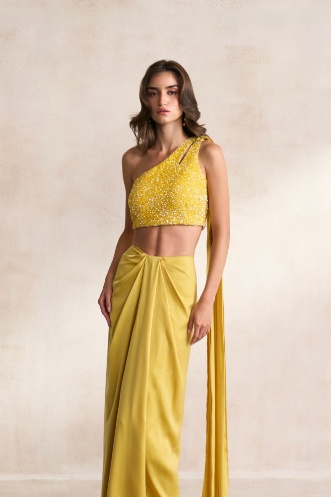 Image of LEILA 03 LIGHT YELLOW FULLY SEQUINED ONE SIDE SHOULDER BLOUSE WITH DRAPED BOTTOM