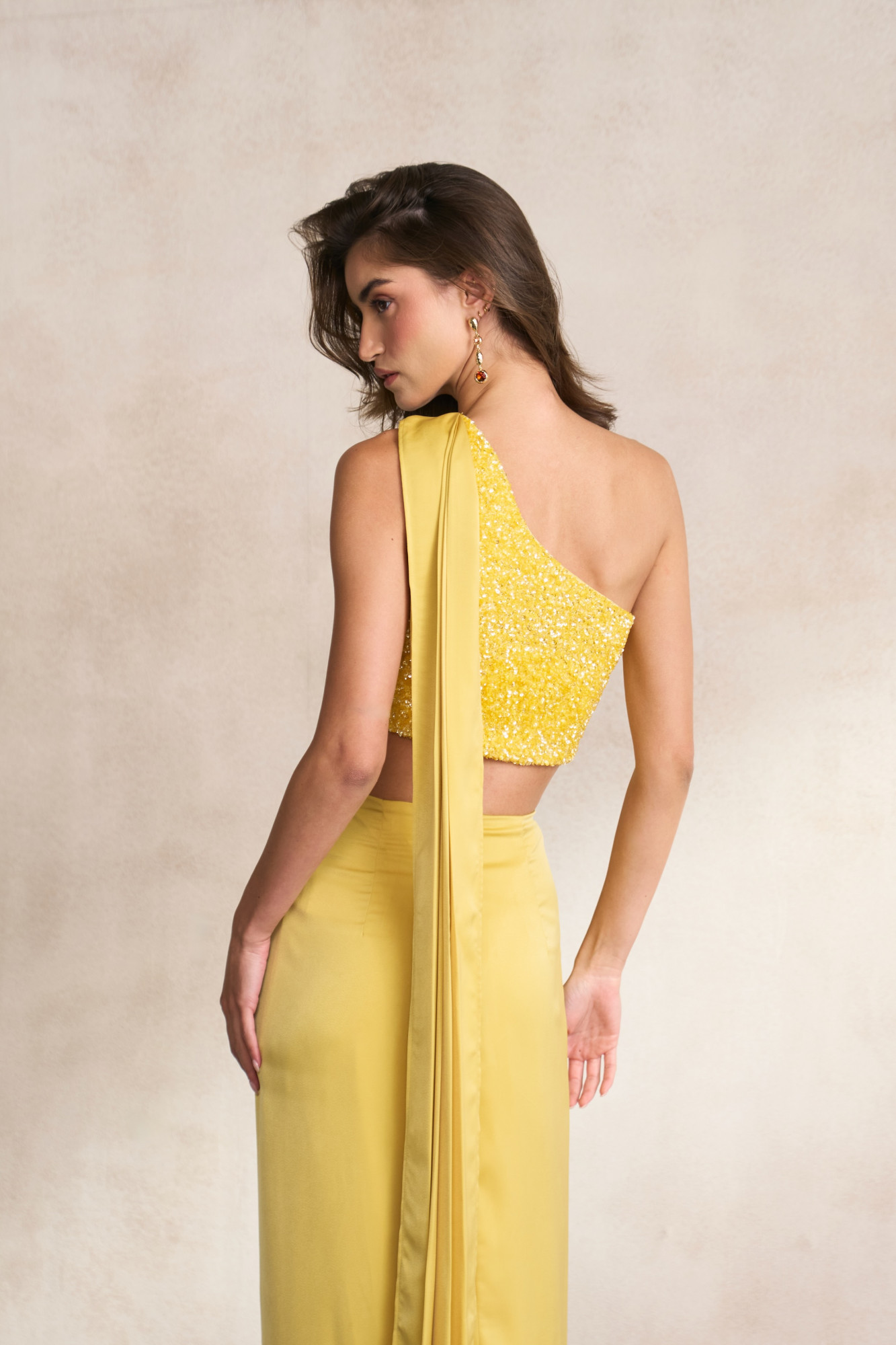 LEILA 03 LIGHT YELLOW FULLY SEQUINED ONE SIDE SHOULDER BLOUSE WITH DRAPED BOTTOM