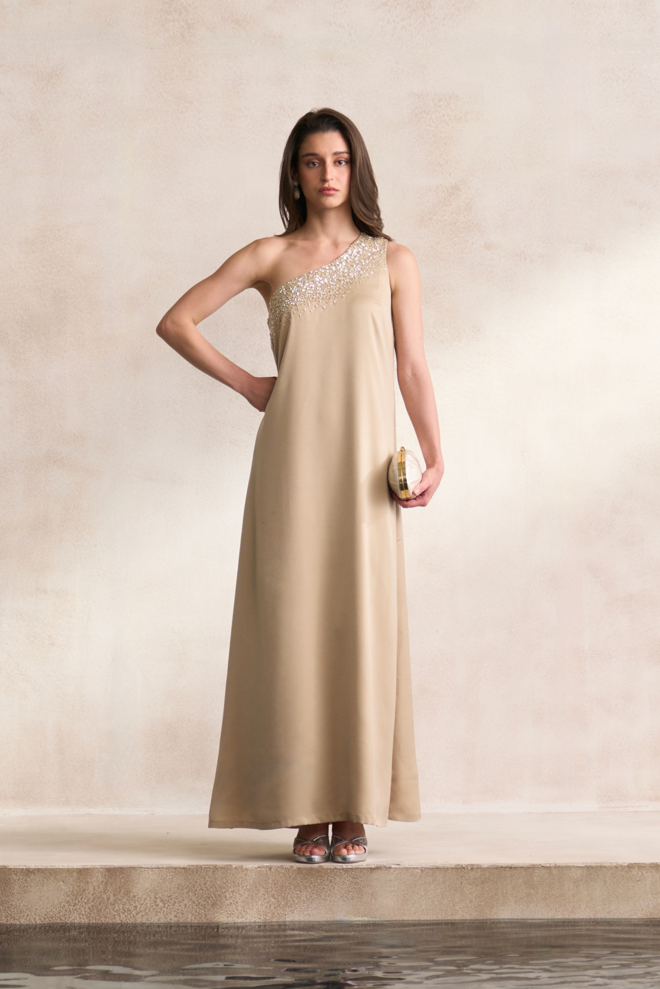 LEILA 03 LIGHT BEIGE SATIN ONE SHOULDER LONG DRESS WITH SEQUIN EMBROIDERY ALL AROUND NECK