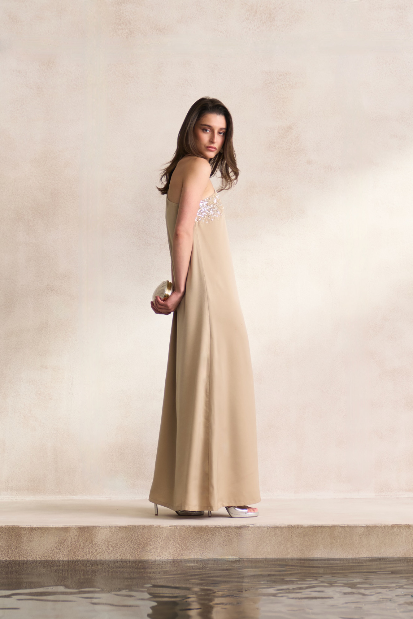 LEILA 03 LIGHT BEIGE SATIN ONE SHOULDER LONG DRESS WITH SEQUIN EMBROIDERY ALL AROUND NECK