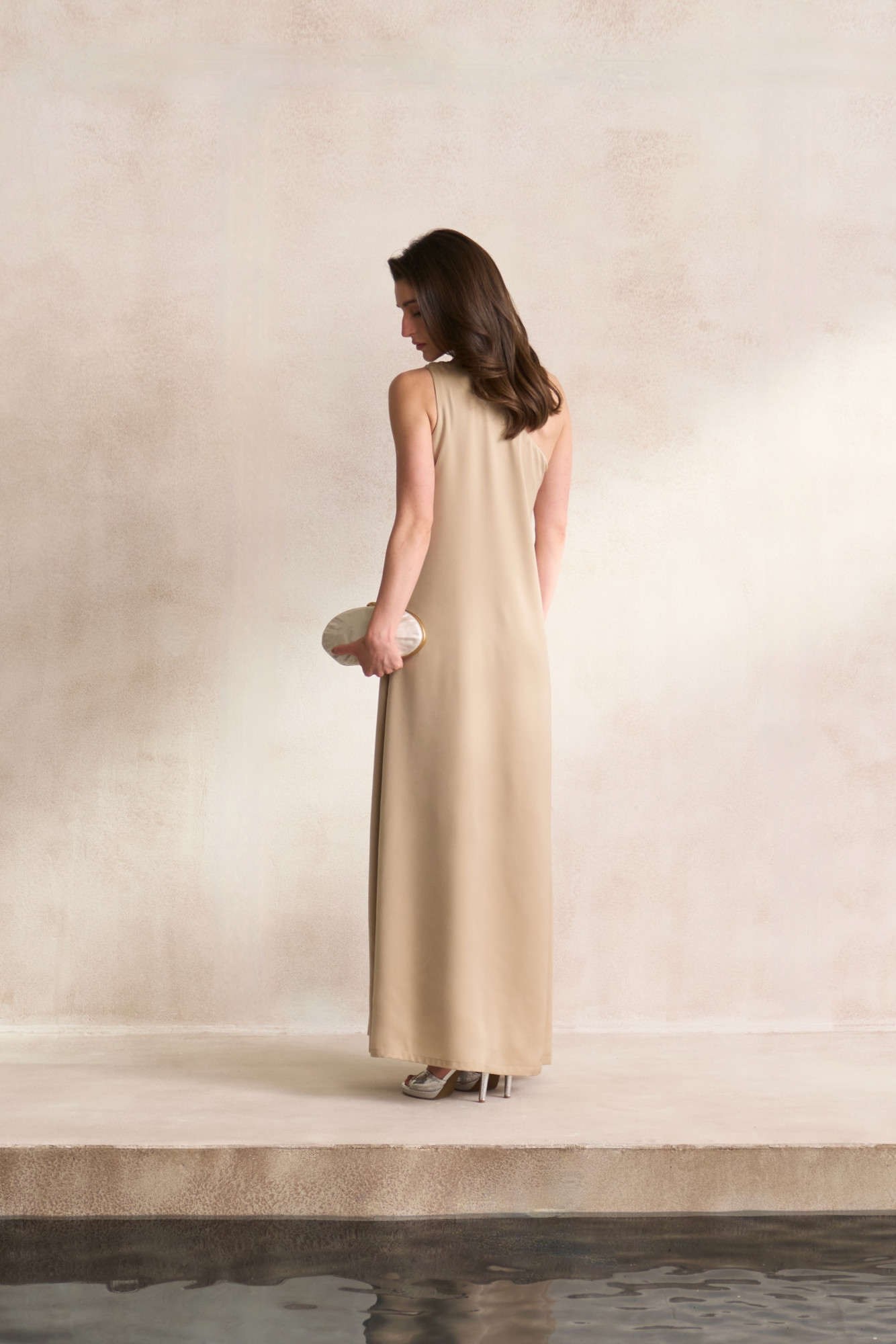 LEILA 03  LIGHT BEIGE SATIN ONE SHOULDER LONG DRESS WITH SEQUIN EMBROIDERY ALL AROUND NECK