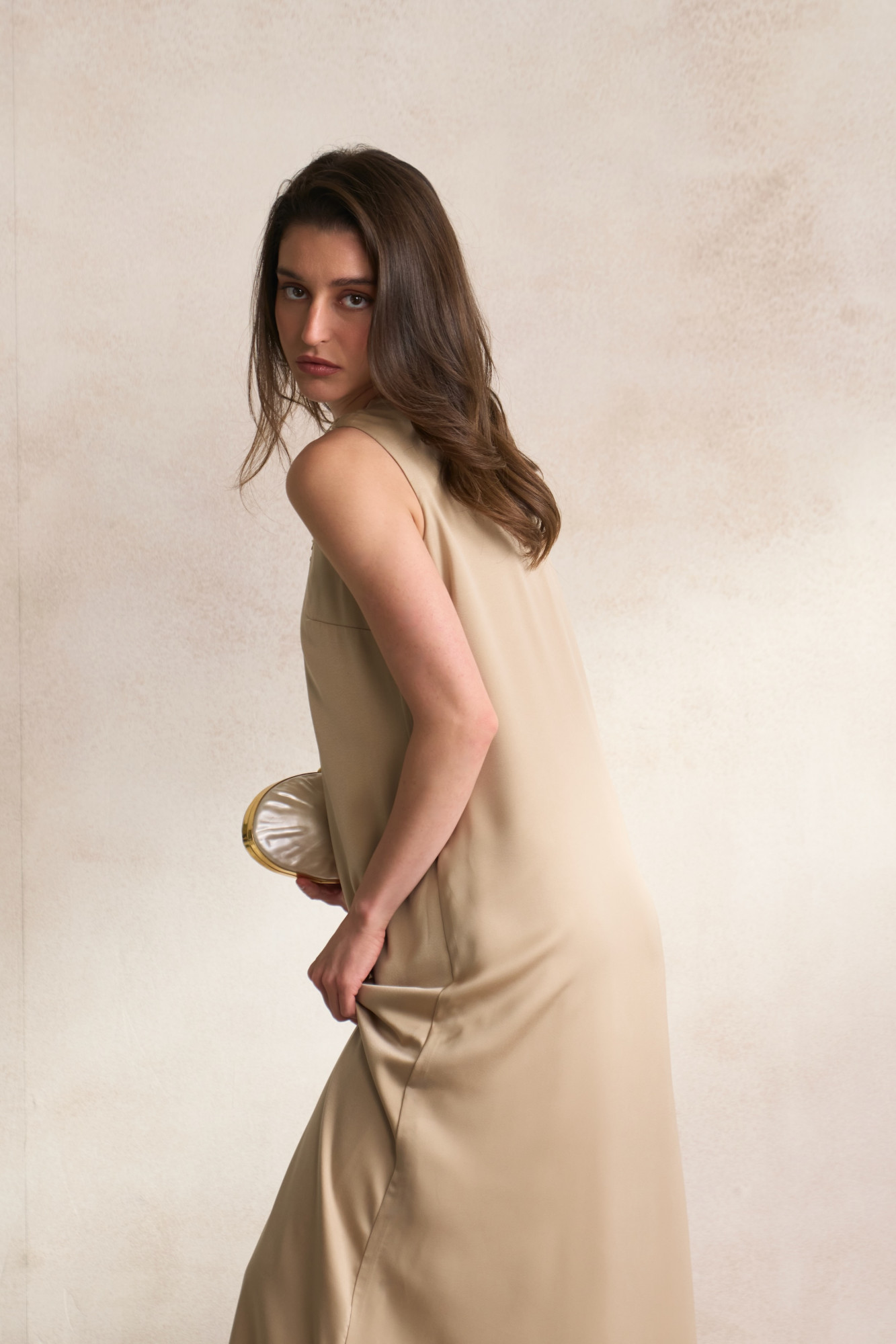 LEILA 03  LIGHT BEIGE SATIN ONE SHOULDER LONG DRESS WITH SEQUIN EMBROIDERY ALL AROUND NECK
