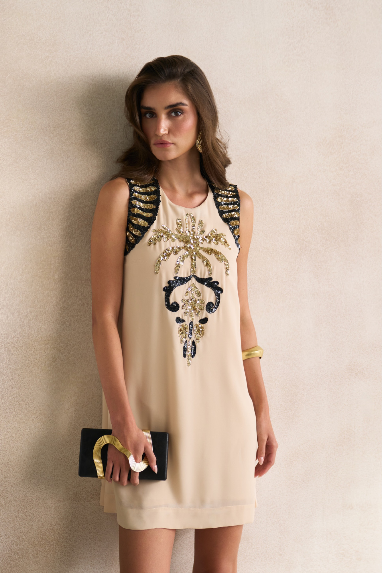 LEILA 03 ECRU COLOR SLEEVELESS SHIFT DRESS WITH MORRACAN INSPIRED EMBROIDERY
