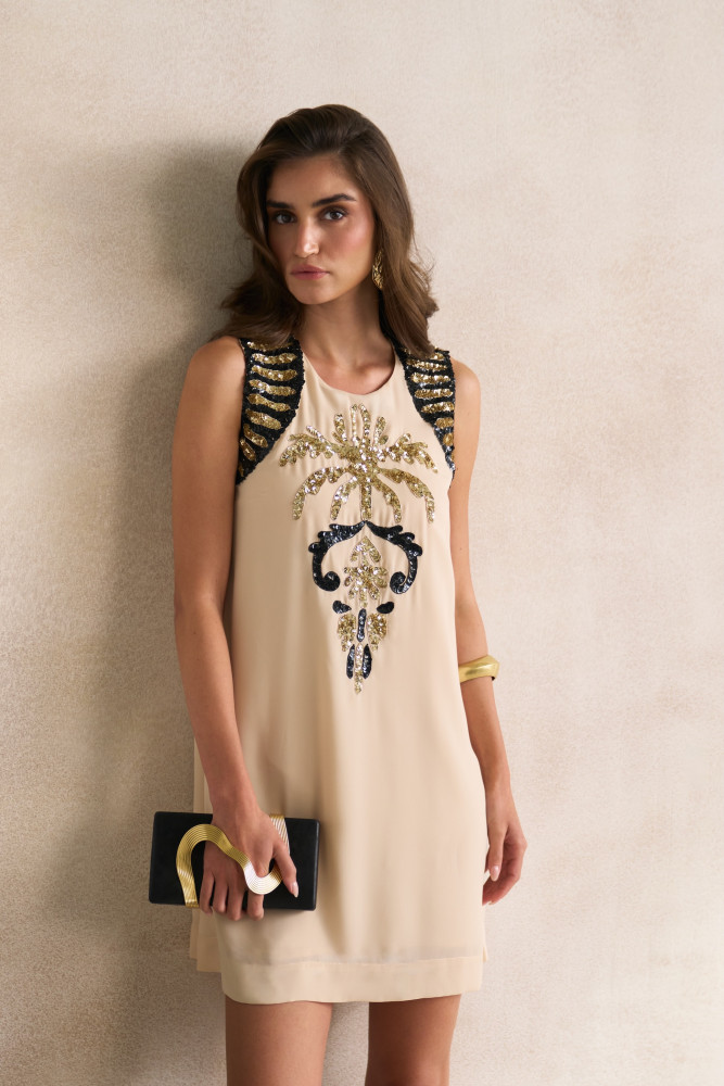 Image of LEILA 03 ECRU COLOR SLEEVELESS SHIFT DRESS WITH MORRACAN INSPIRED EMBROIDERY
