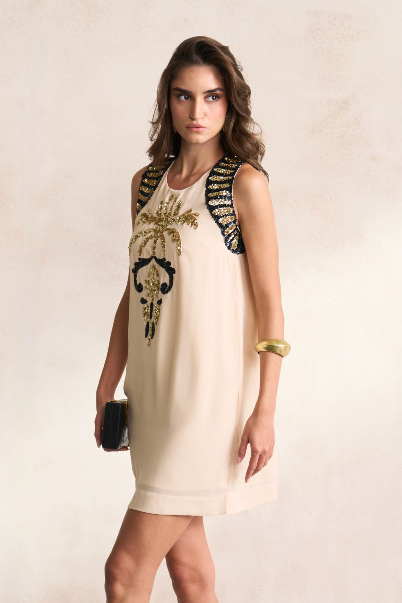 LEILA 03 ECRU COLOR SLEEVELESS SHIFT DRESS WITH MORRACAN INSPIRED EMBROIDERY