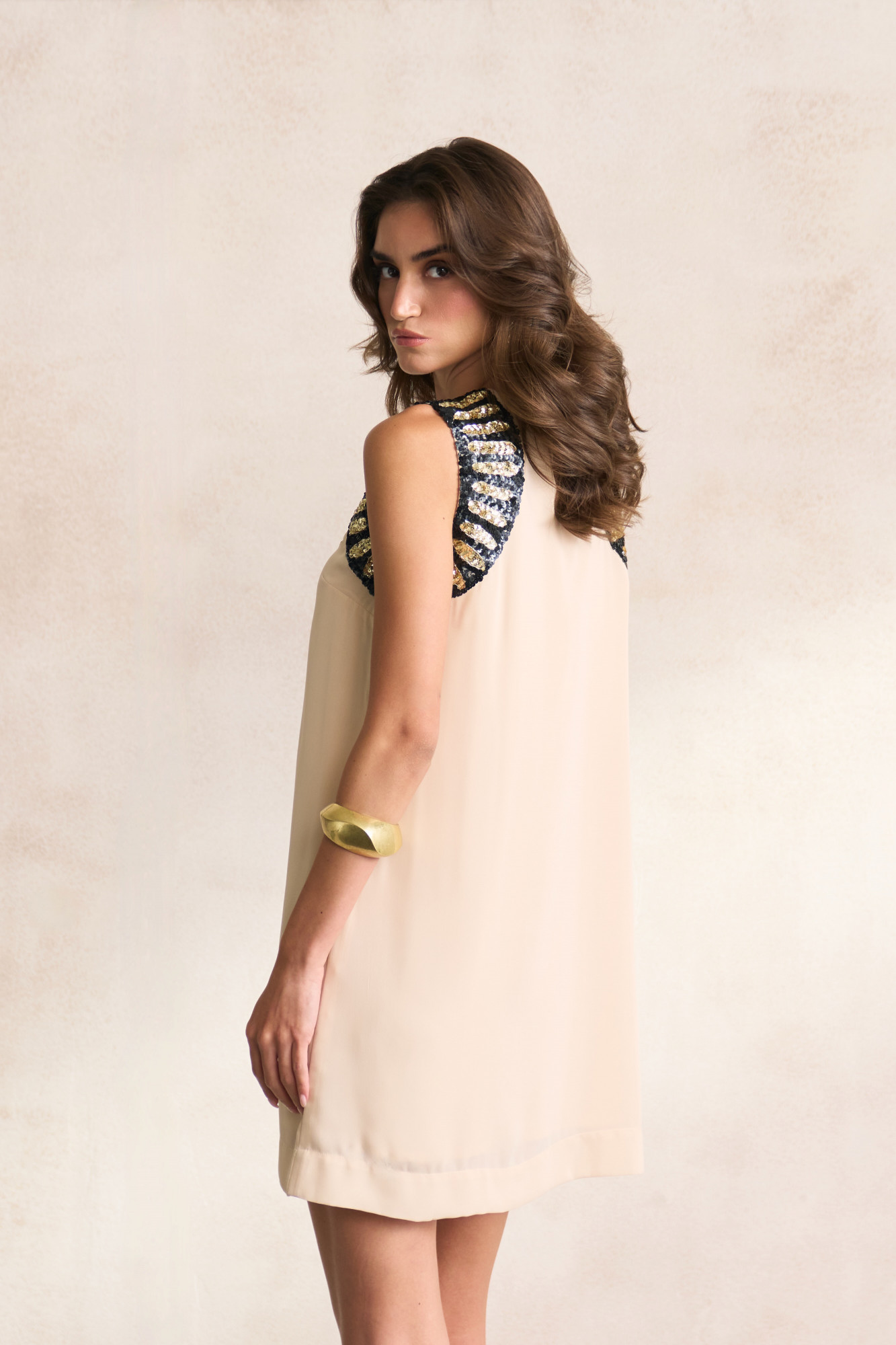 LEILA 03 ECRU COLOR SLEEVELESS SHIFT DRESS WITH MORRACAN INSPIRED EMBROIDERY