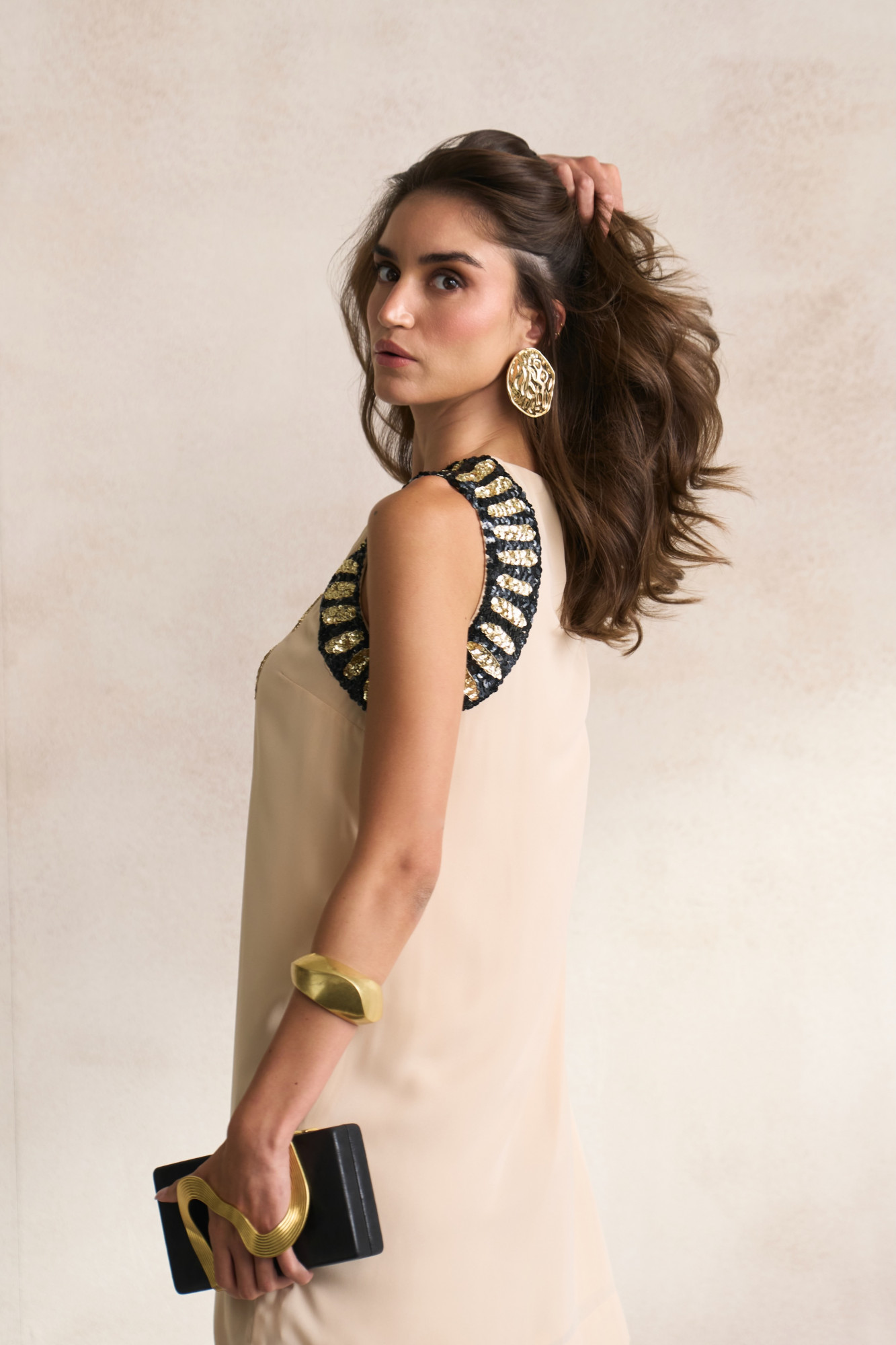 LEILA 03 ECRU COLOR SLEEVELESS SHIFT DRESS WITH MORRACAN INSPIRED EMBROIDERY