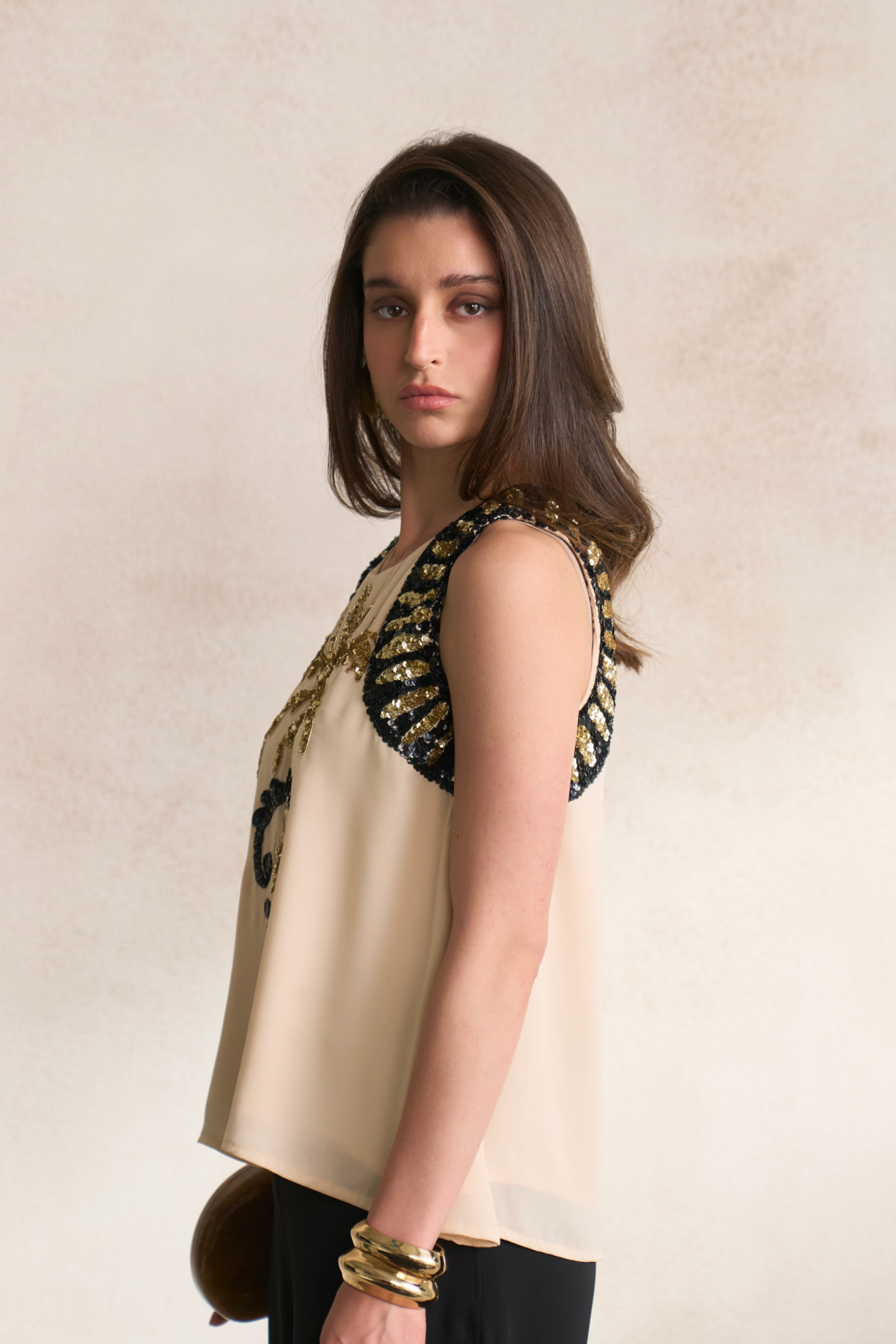 LEILA 03 ECRU COLOUR SLEEVELESS TOP WITH MORRACAN INSPIRED EMBROIDERY