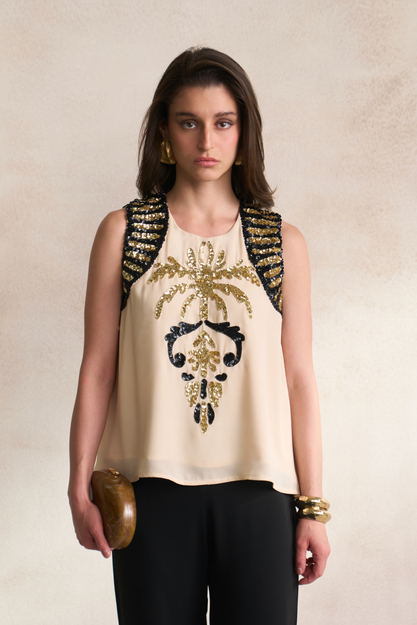 LEILA 03 ECRU COLOUR SLEEVELESS TOP WITH MORRACAN INSPIRED EMBROIDERY