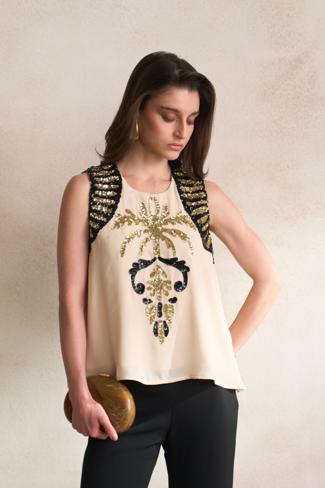 Image of LEILA 03 ECRU COLOUR SLEEVELESS TOP WITH MORRACAN INSPIRED EMBROIDERY