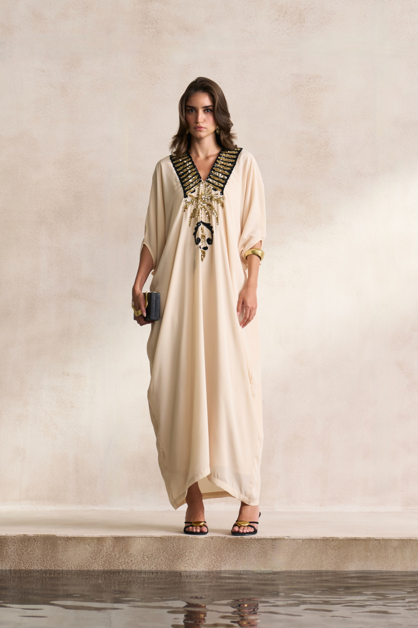 LEILA 03 ECRU COLOUR FULL LENGTH KAFTAN WITH MORRACAN INSPIRED EMBROIDERY