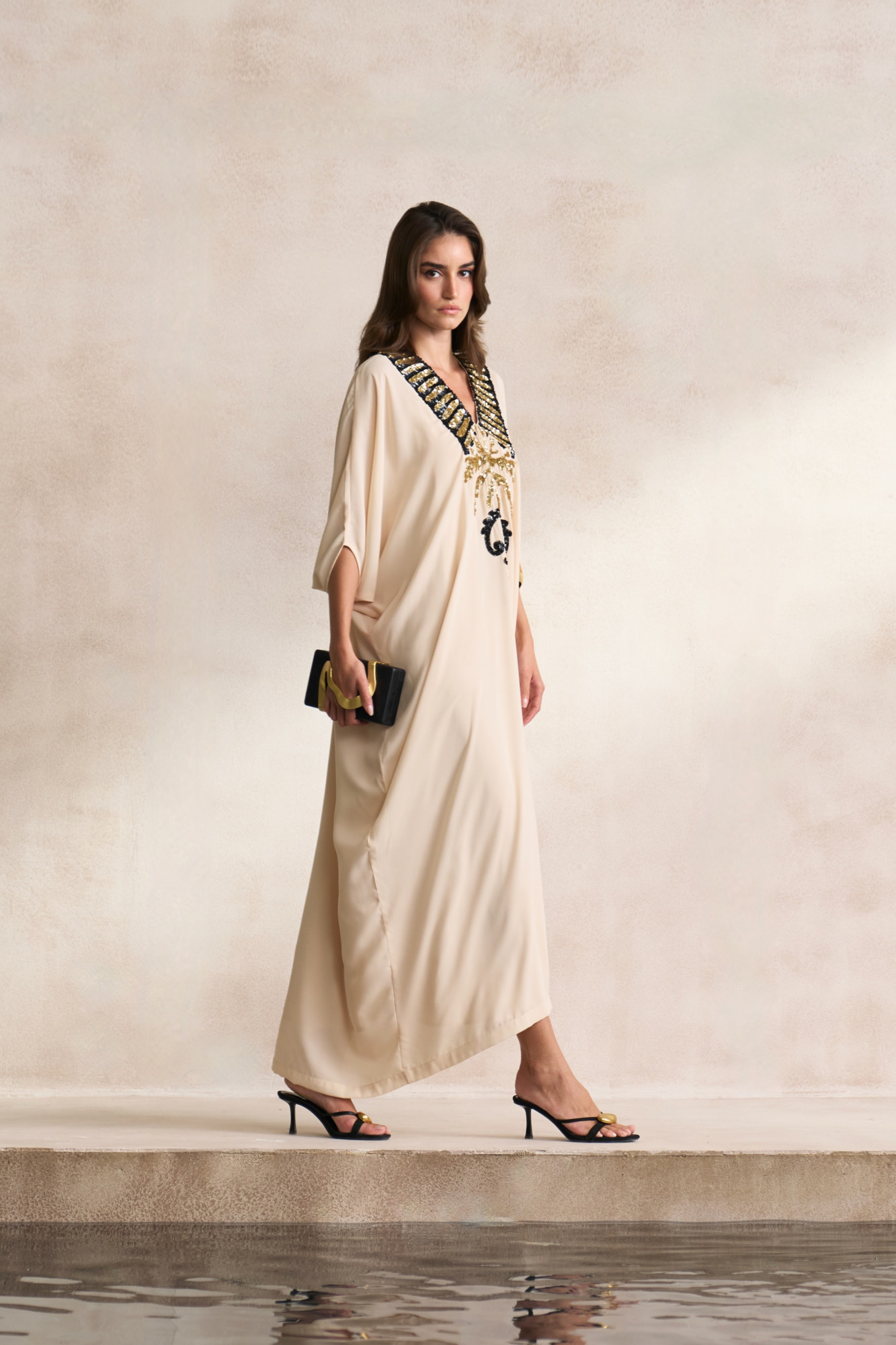 LEILA 03 ECRU COLOUR FULL LENGTH KAFTAN WITH MORRACAN INSPIRED EMBROIDERY