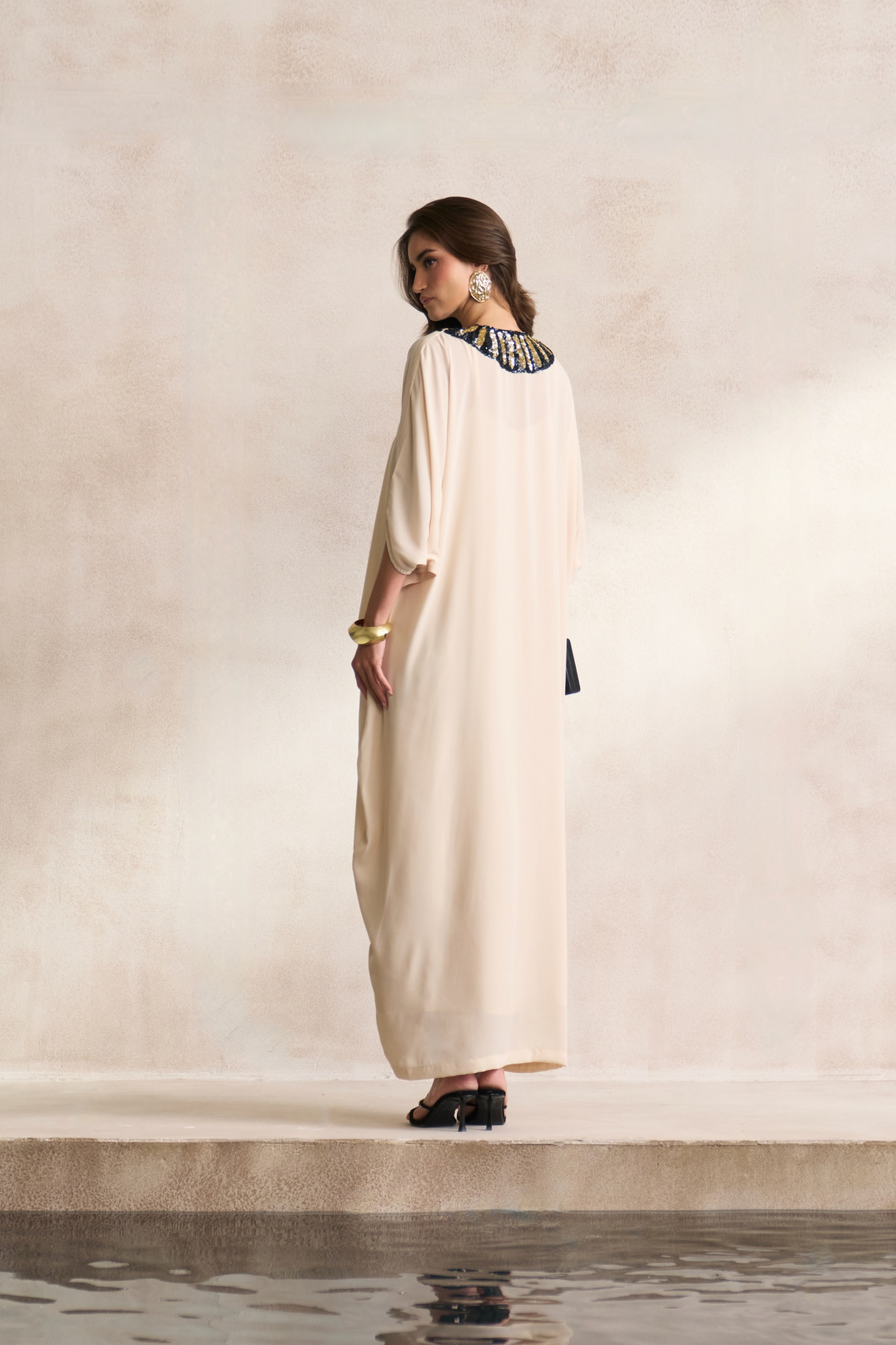 LEILA 03 ECRU COLOUR FULL LENGTH KAFTAN WITH MORRACAN INSPIRED EMBROIDERY