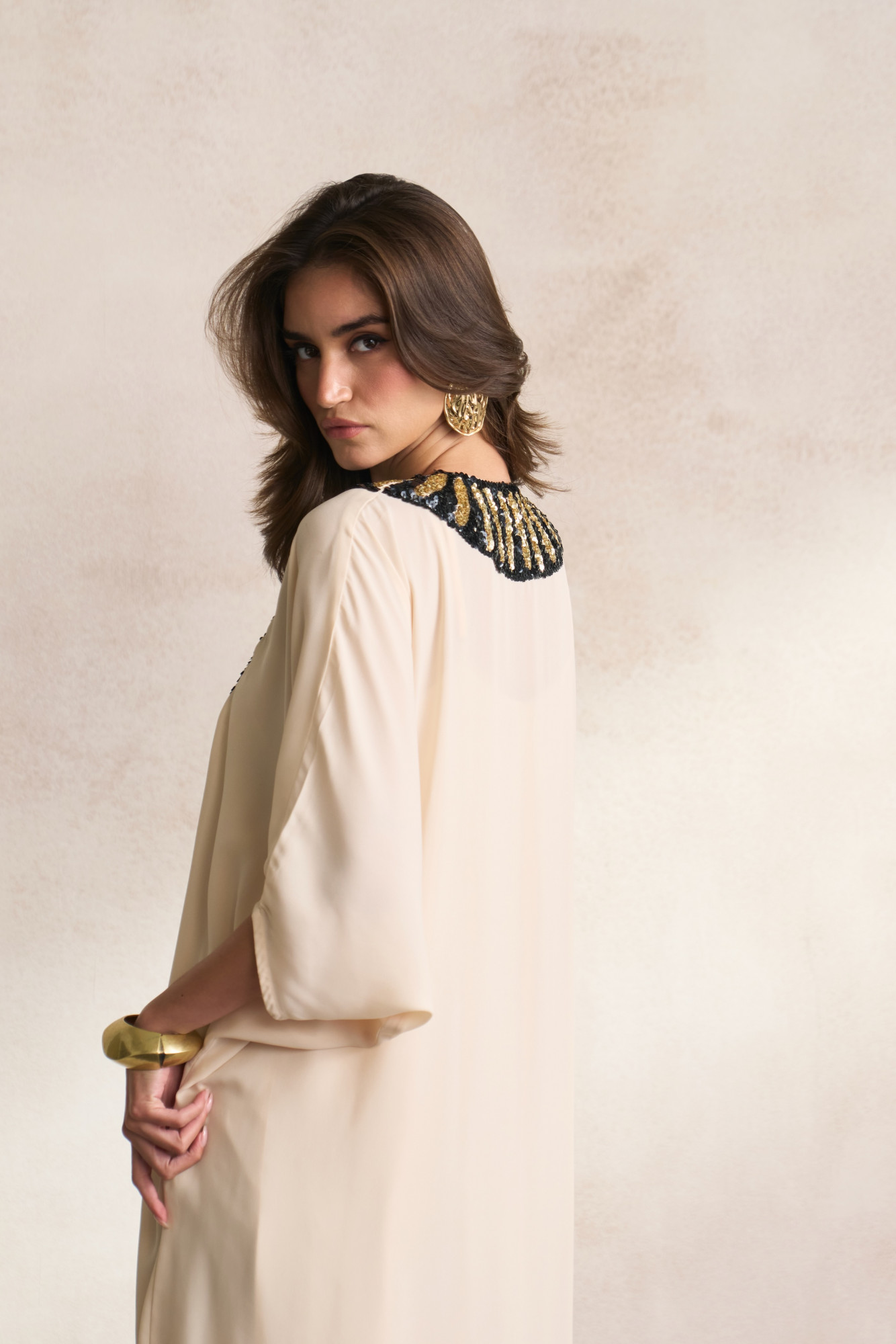 LEILA 03 ECRU COLOUR FULL LENGTH KAFTAN WITH MORRACAN INSPIRED EMBROIDERY