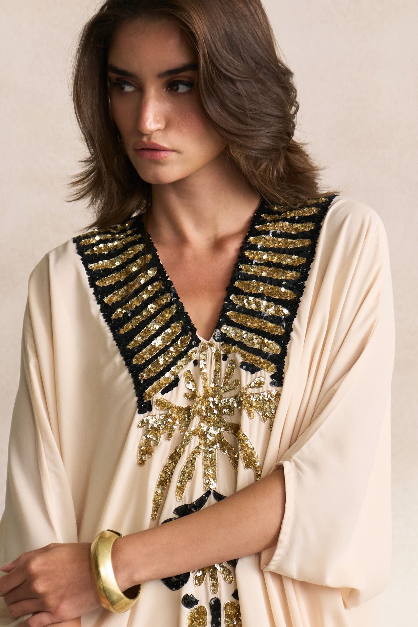LEILA 03 ECRU COLOUR FULL LENGTH KAFTAN WITH MORRACAN INSPIRED EMBROIDERY