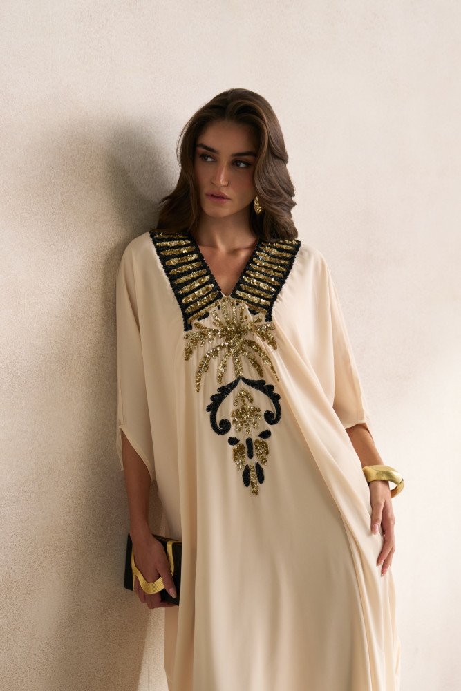 Image of LEILA 03 ECRU COLOUR FULL LENGTH KAFTAN WITH MORRACAN INSPIRED EMBROIDERY