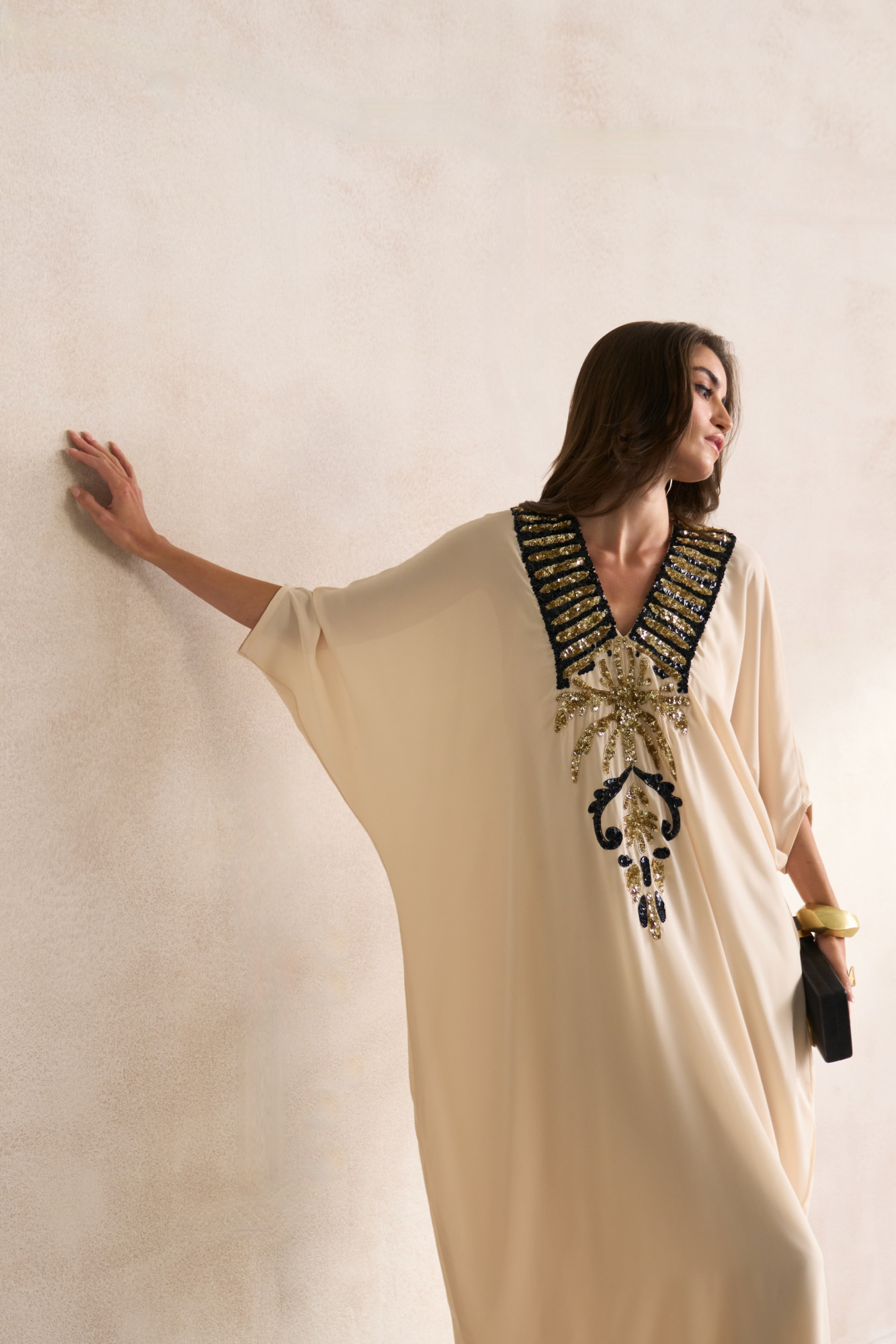 LEILA 03 ECRU COLOUR FULL LENGTH KAFTAN WITH MORRACAN INSPIRED EMBROIDERY