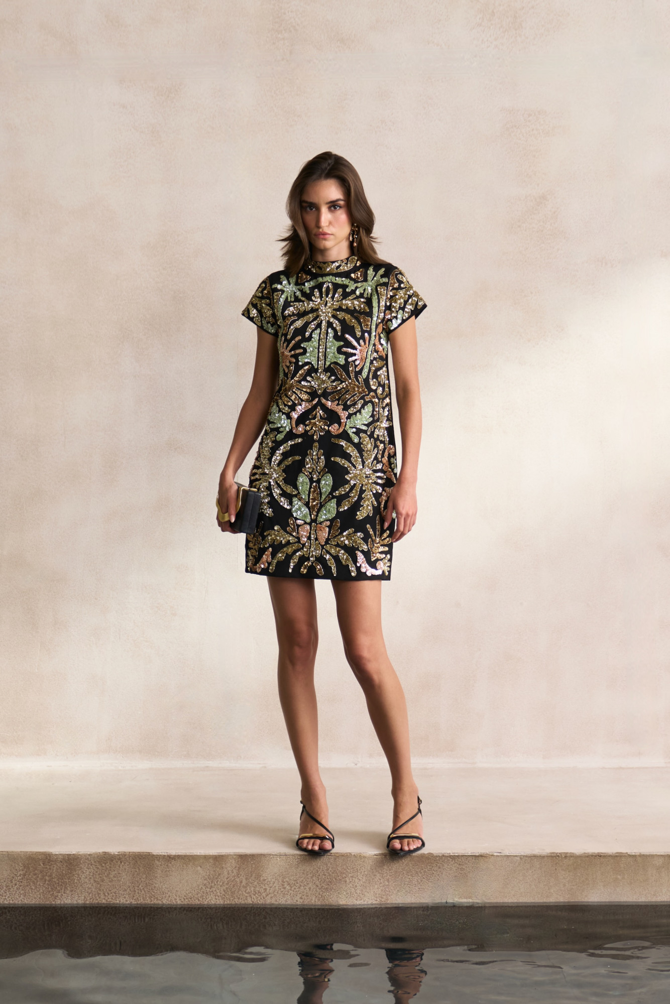 LEILA 03 BLACK KNEE LENGTH DRESS WITH SHORT SLEEVES AND MORRACAN INSPIRED EMBROIDERY