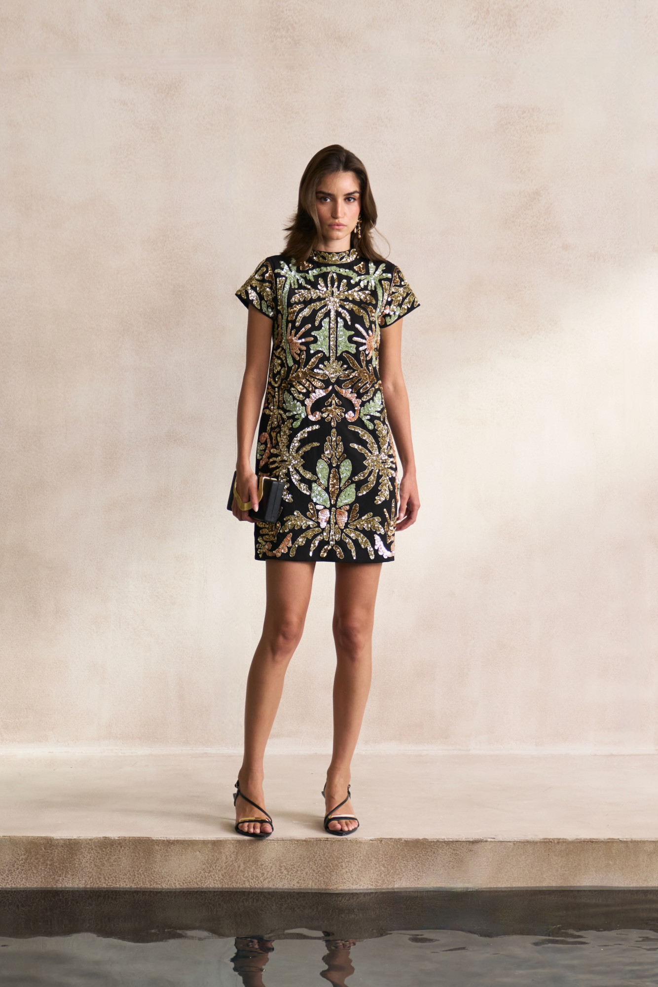 LEILA 03 BLACK KNEE LENGTH DRESS WITH SHORT SLEEVES AND MORRACAN INSPIRED EMBROIDERY