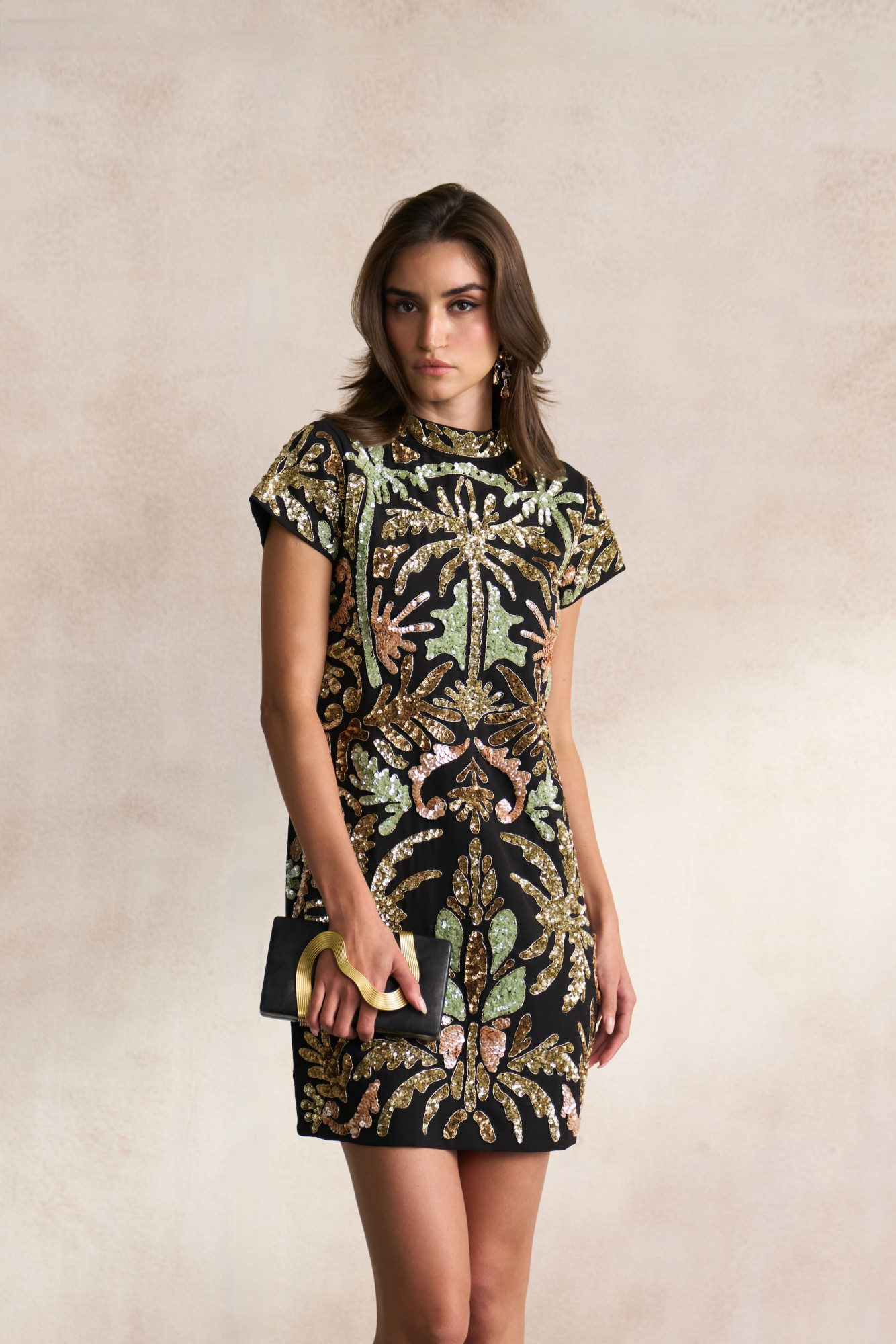 LEILA 03 BLACK KNEE LENGTH DRESS WITH SHORT SLEEVES AND MORRACAN INSPIRED EMBROIDERY